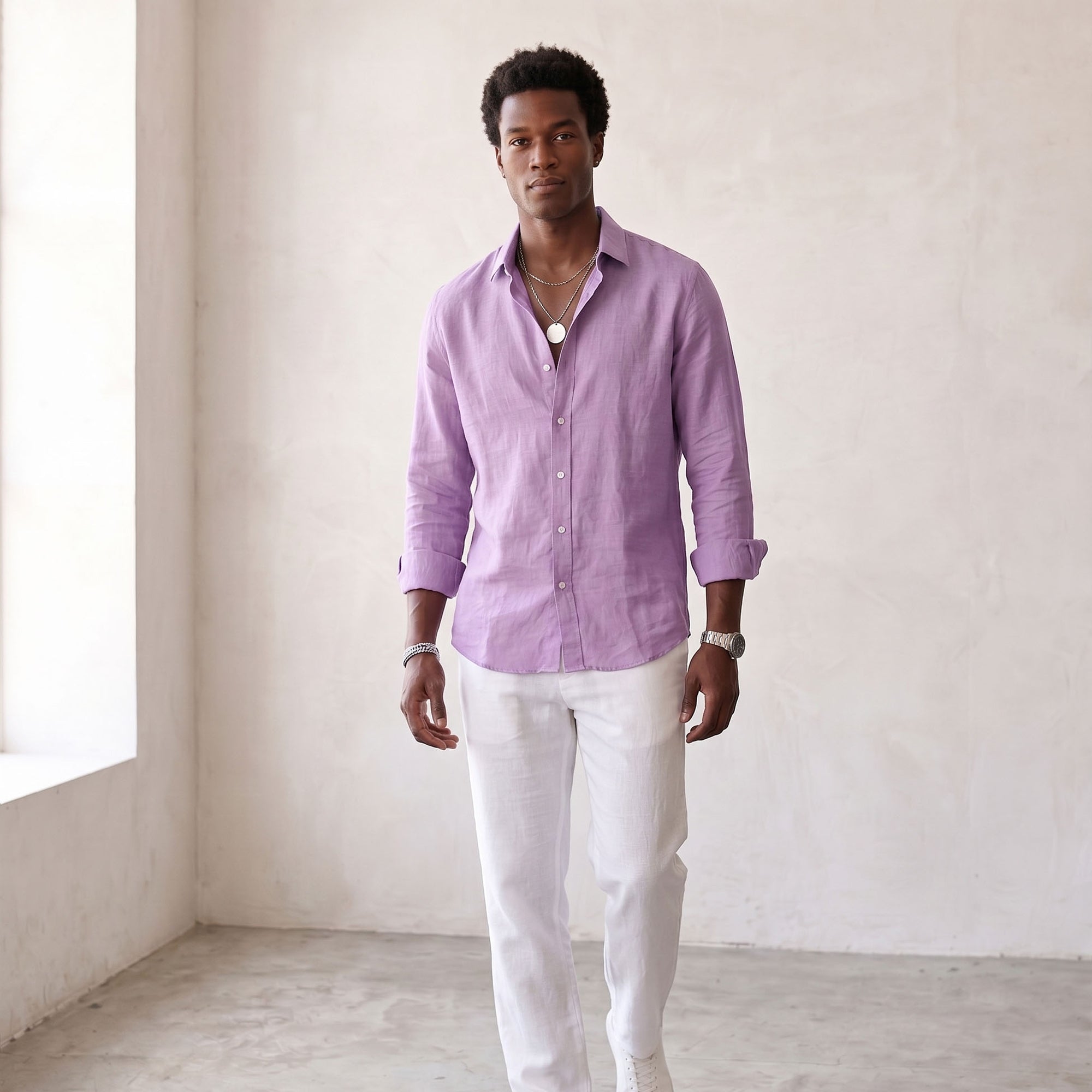 Men's Linen-Blend Long-Sleeve Button-Up Shirt-Azzella London