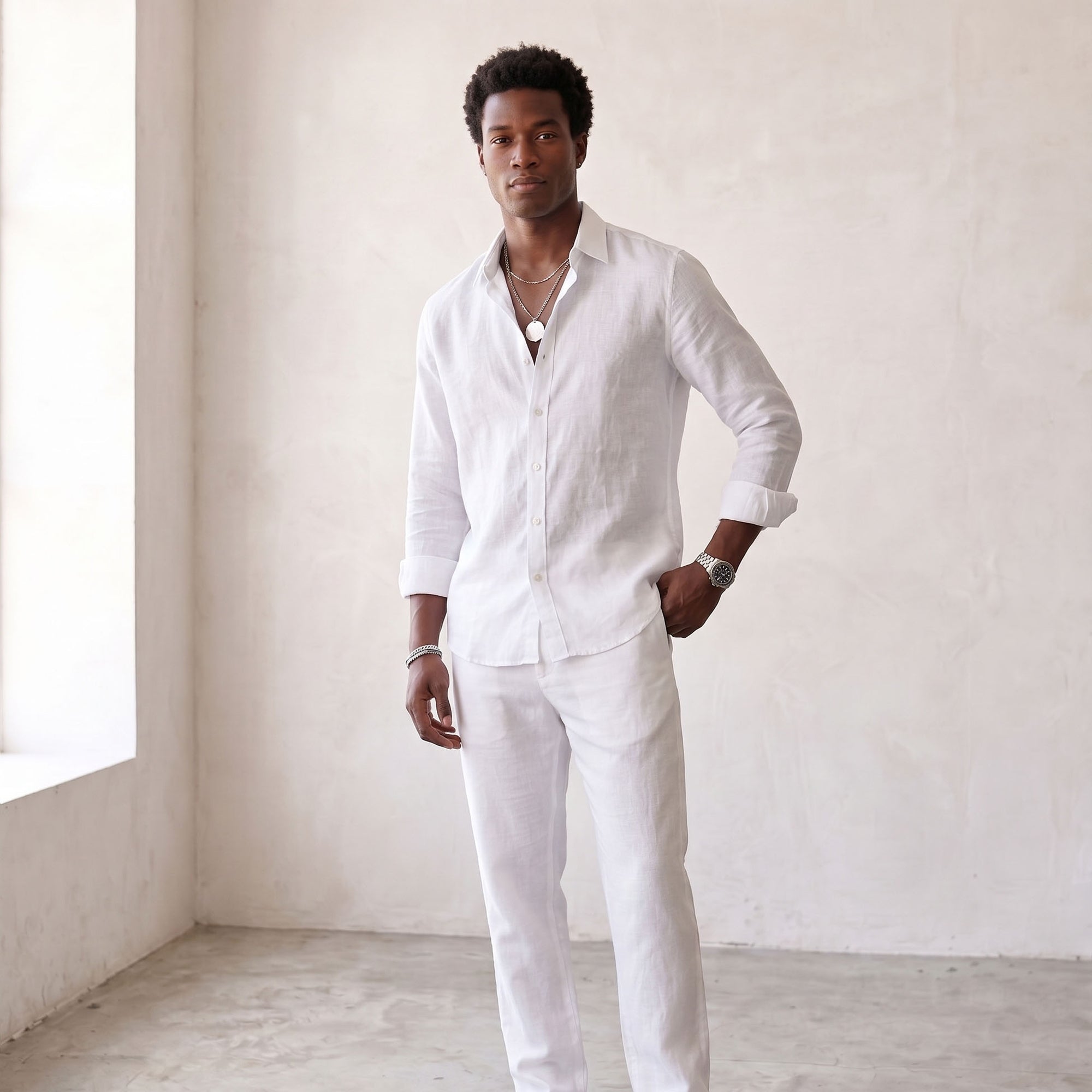 Men's Linen-Blend Long-Sleeve Button-Up Shirt-Azzella London