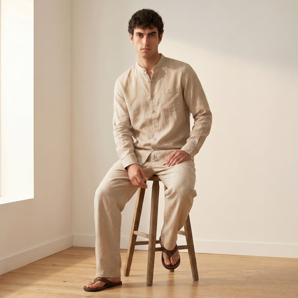Men's Long-Sleeve Grandad-Collar Linen Shirt and Straight-Leg Trousers Set-Azzella London