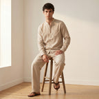 Men's Long-Sleeve Grandad-Collar Linen Shirt and Straight-Leg Trousers Set-Azzella London