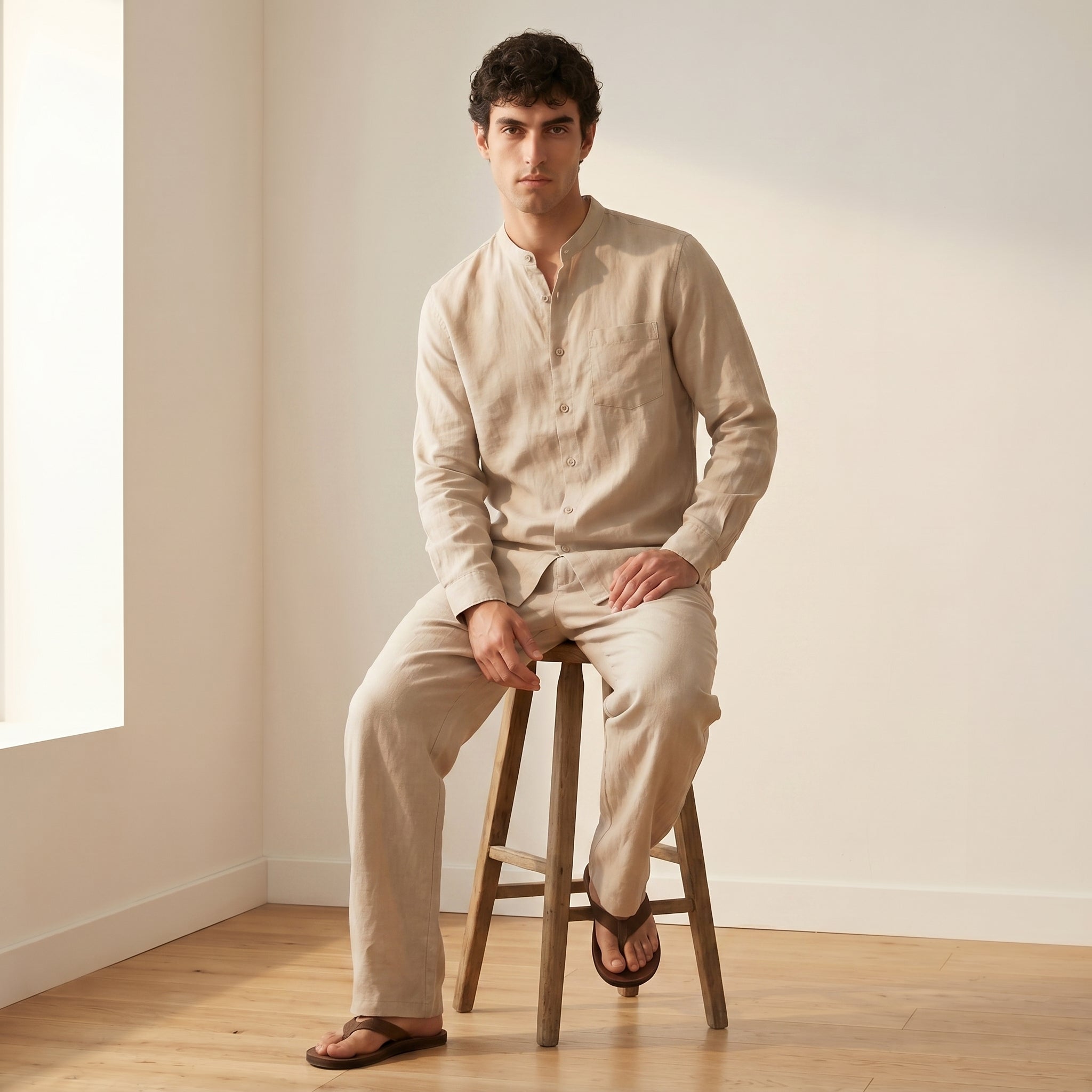 Men's Long-Sleeve Grandad-Collar Linen Shirt and Straight-Leg Trousers Set-Azzella London