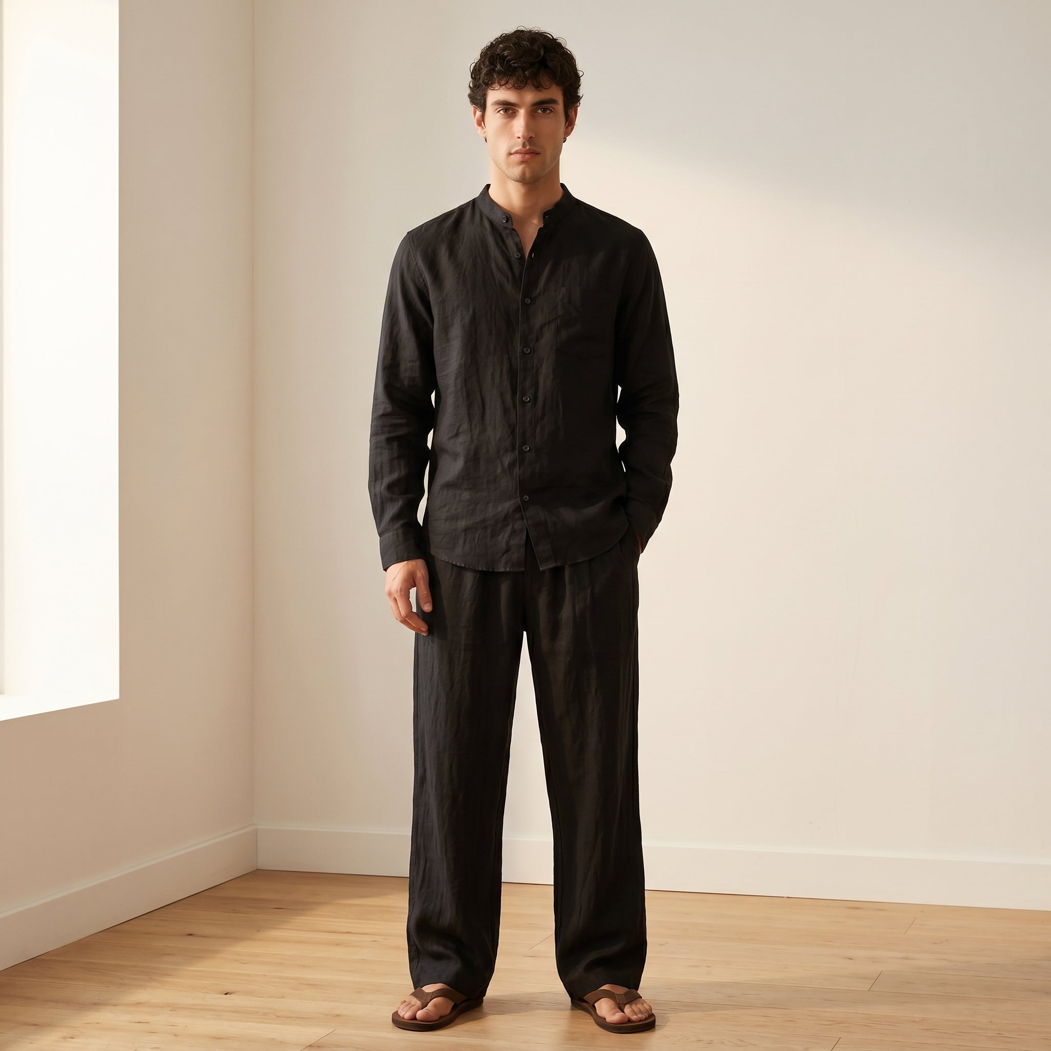 Men's Long-Sleeve Grandad-Collar Linen Shirt and Straight-Leg Trousers Set-Azzella London
