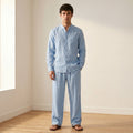 Men's Long-Sleeve Grandad-Collar Linen Shirt and Straight-Leg Trousers Set-Azzella London