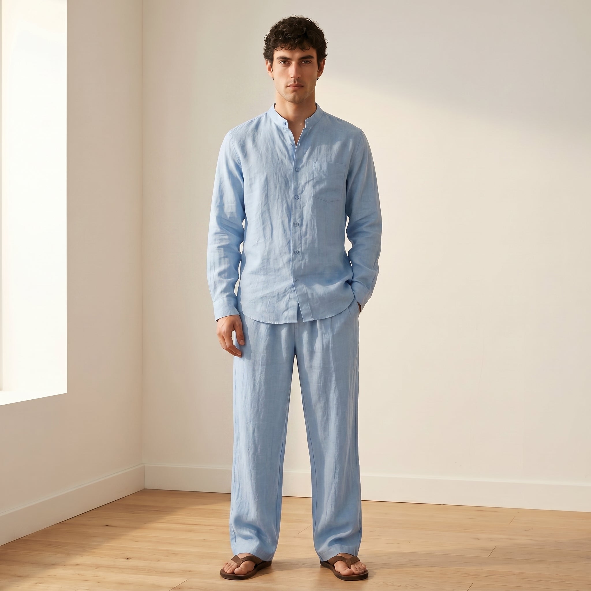 Men's Long-Sleeve Grandad-Collar Linen Shirt and Straight-Leg Trousers Set-Azzella London