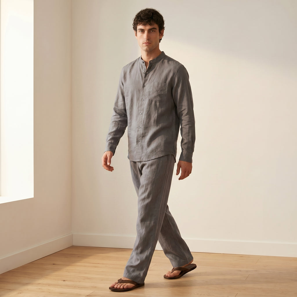 Men's Long-Sleeve Grandad-Collar Linen Shirt and Straight-Leg Trousers Set-Azzella London