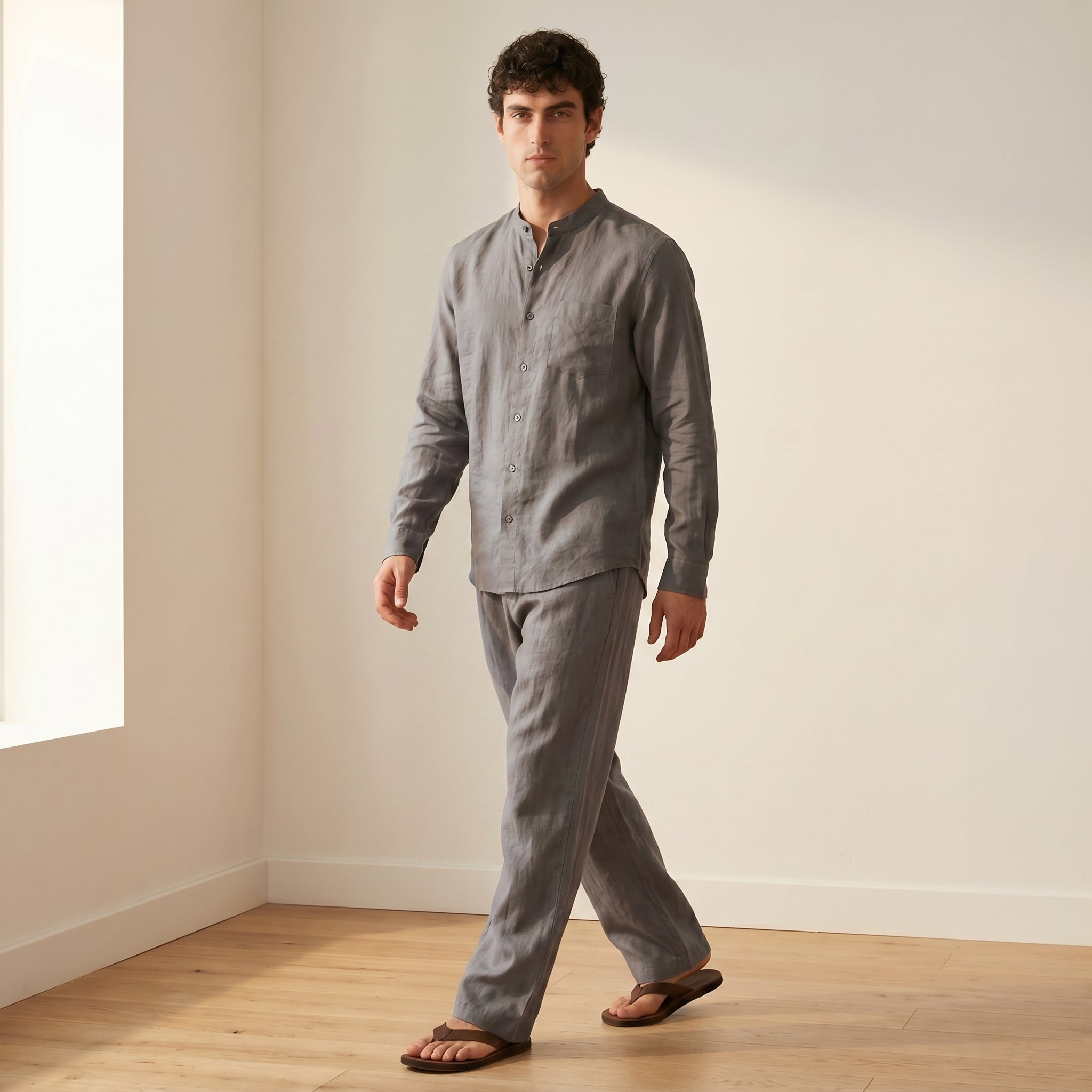 Men's Long-Sleeve Grandad-Collar Linen Shirt and Straight-Leg Trousers Set-Azzella London