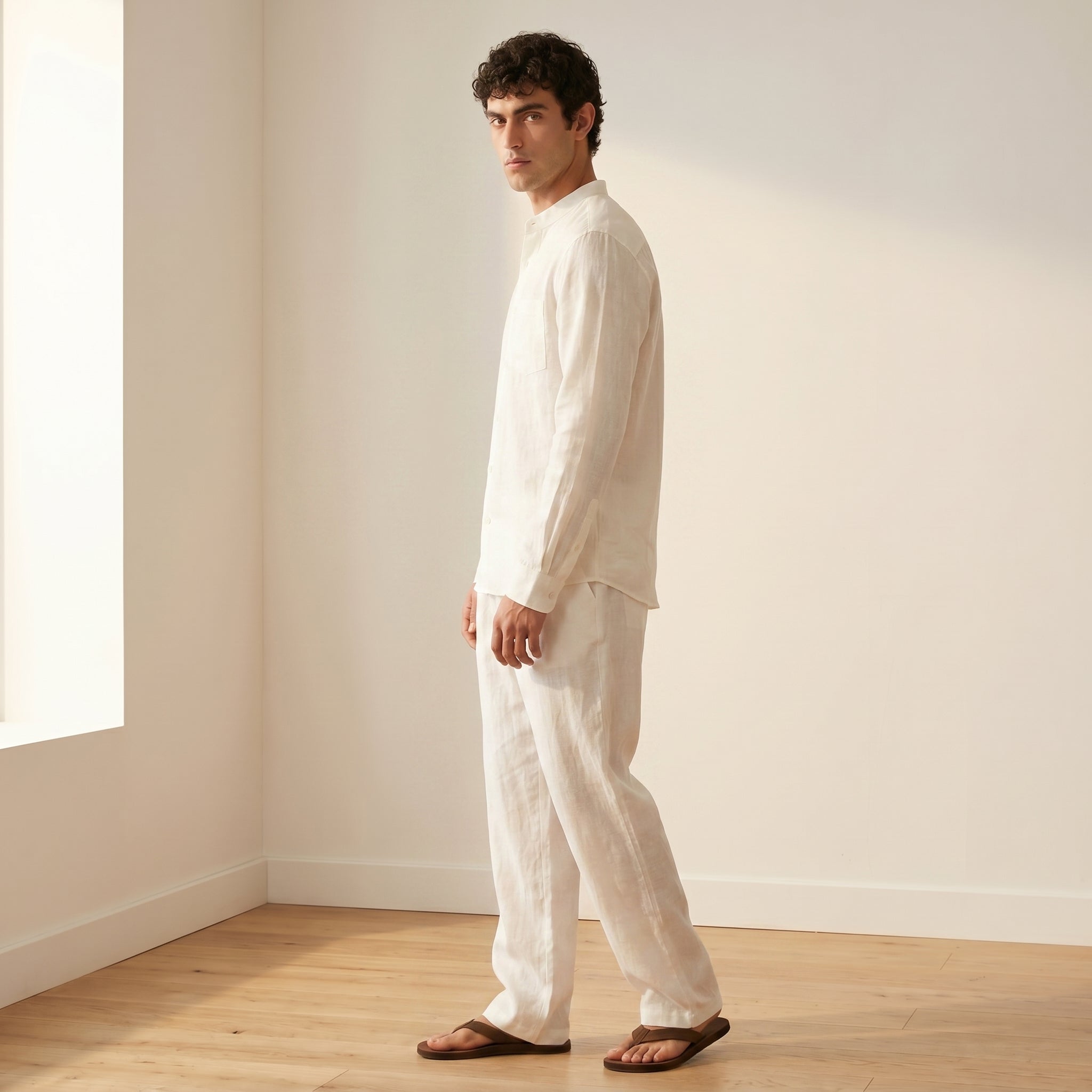 Men's Long-Sleeve Grandad-Collar Linen Shirt and Straight-Leg Trousers Set-Azzella London