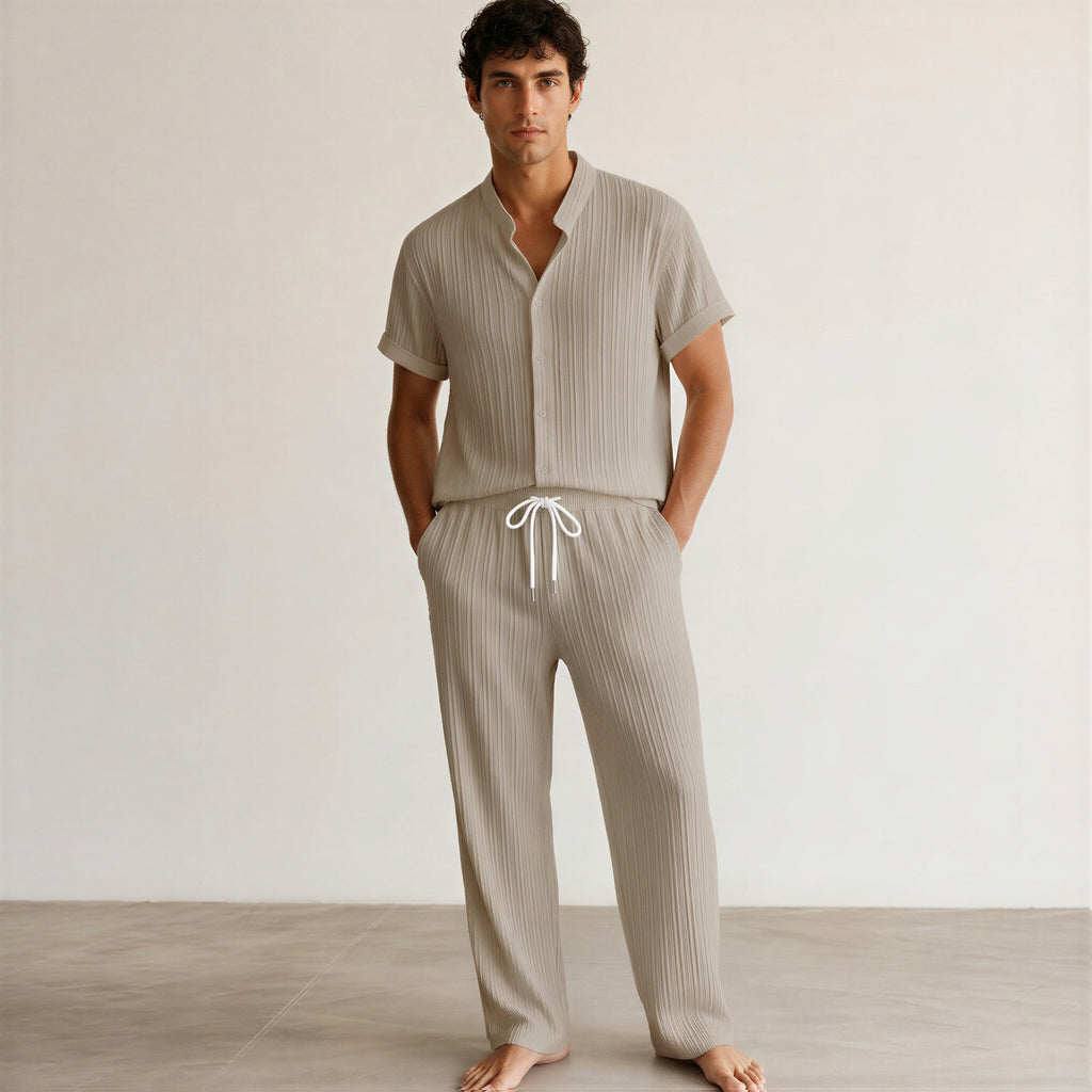 Men's Pleated Short-Sleeve Shirt and Drawstring Trousers Set-Azzella London