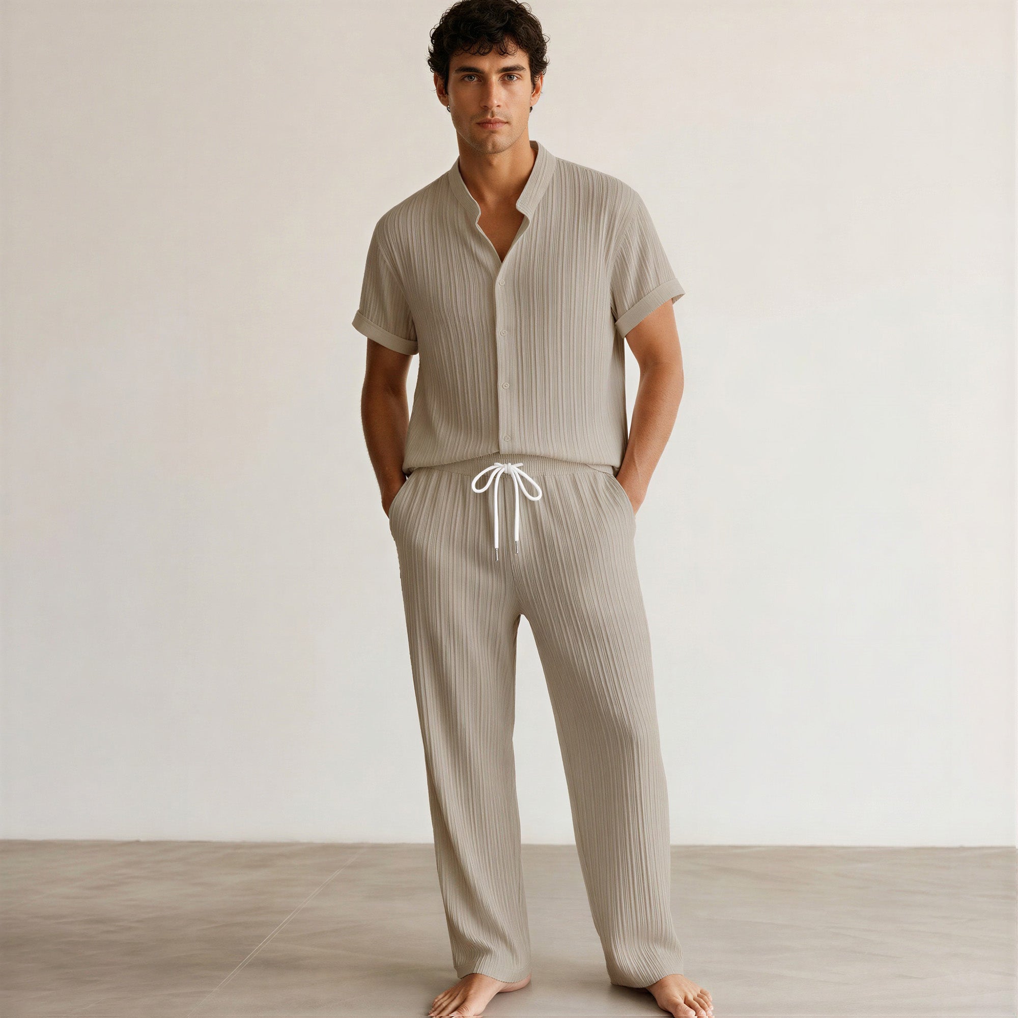 Men's Pleated Short-Sleeve Shirt and Drawstring Trousers Set-Azzella London