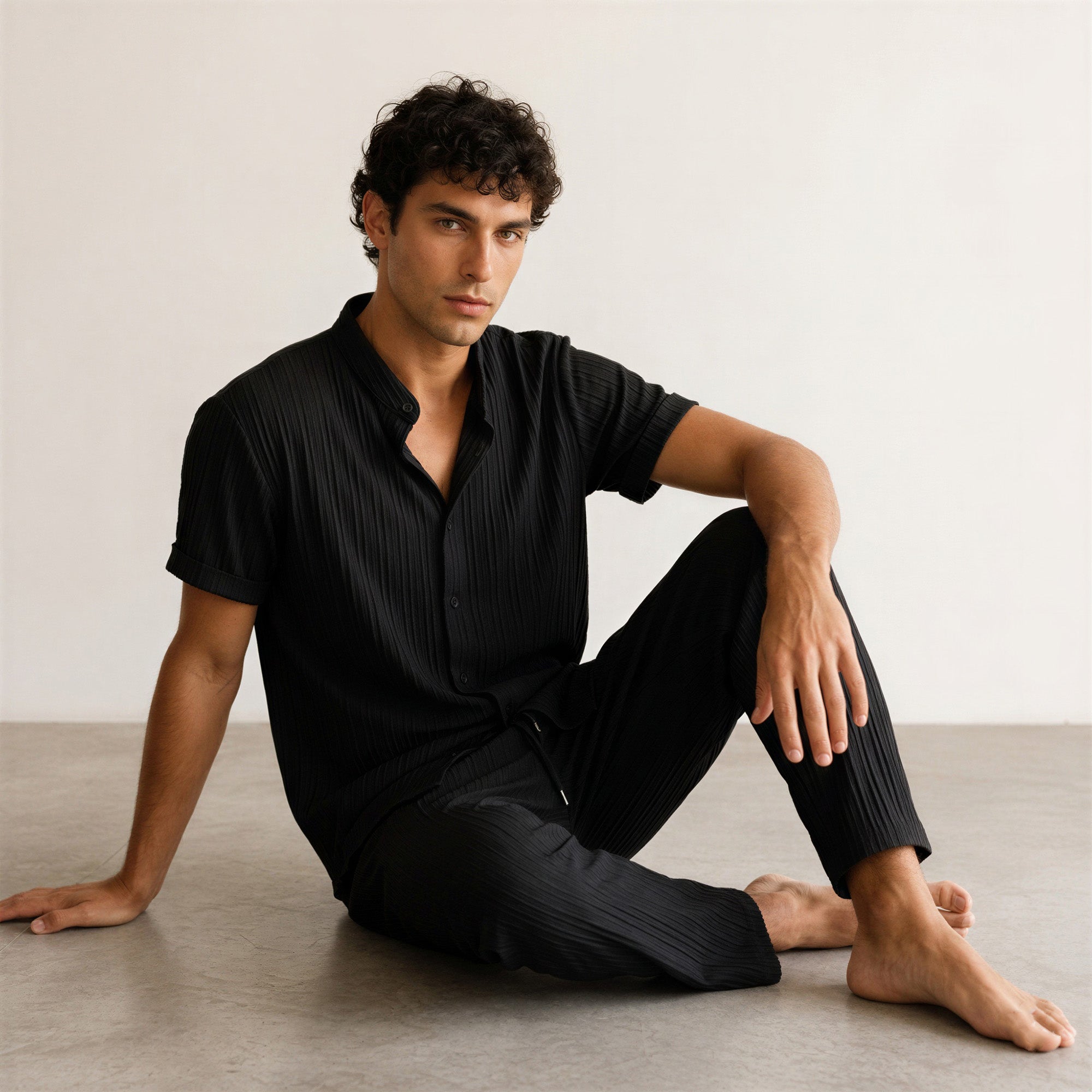 Men's Pleated Short-Sleeve Shirt and Drawstring Trousers Set-Azzella London