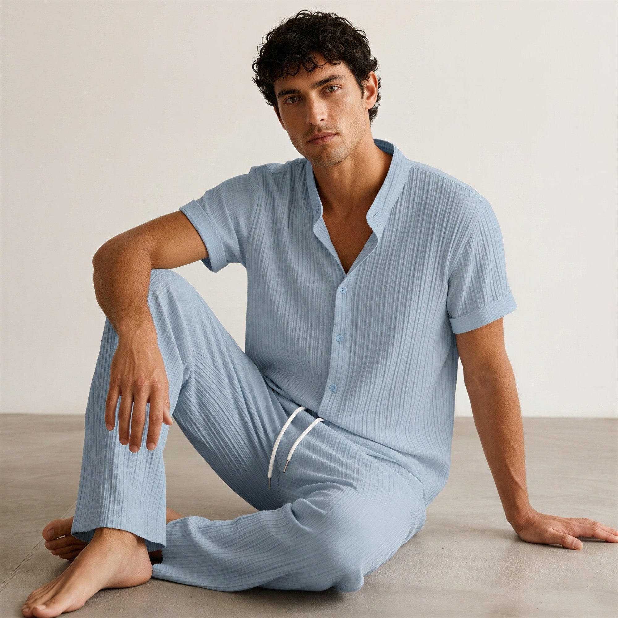 Men's Pleated Short-Sleeve Shirt and Drawstring Trousers Set-Azzella London