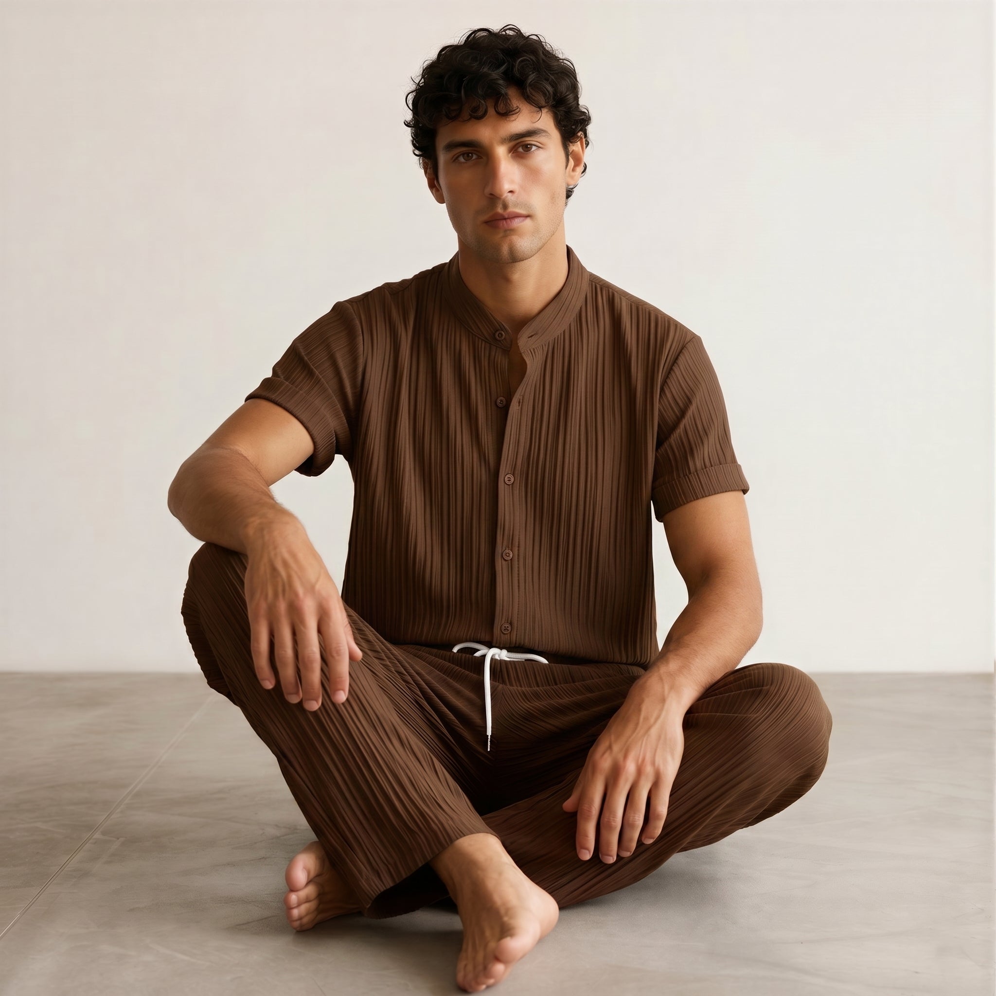 Men's Pleated Short-Sleeve Shirt and Drawstring Trousers Set-Azzella London