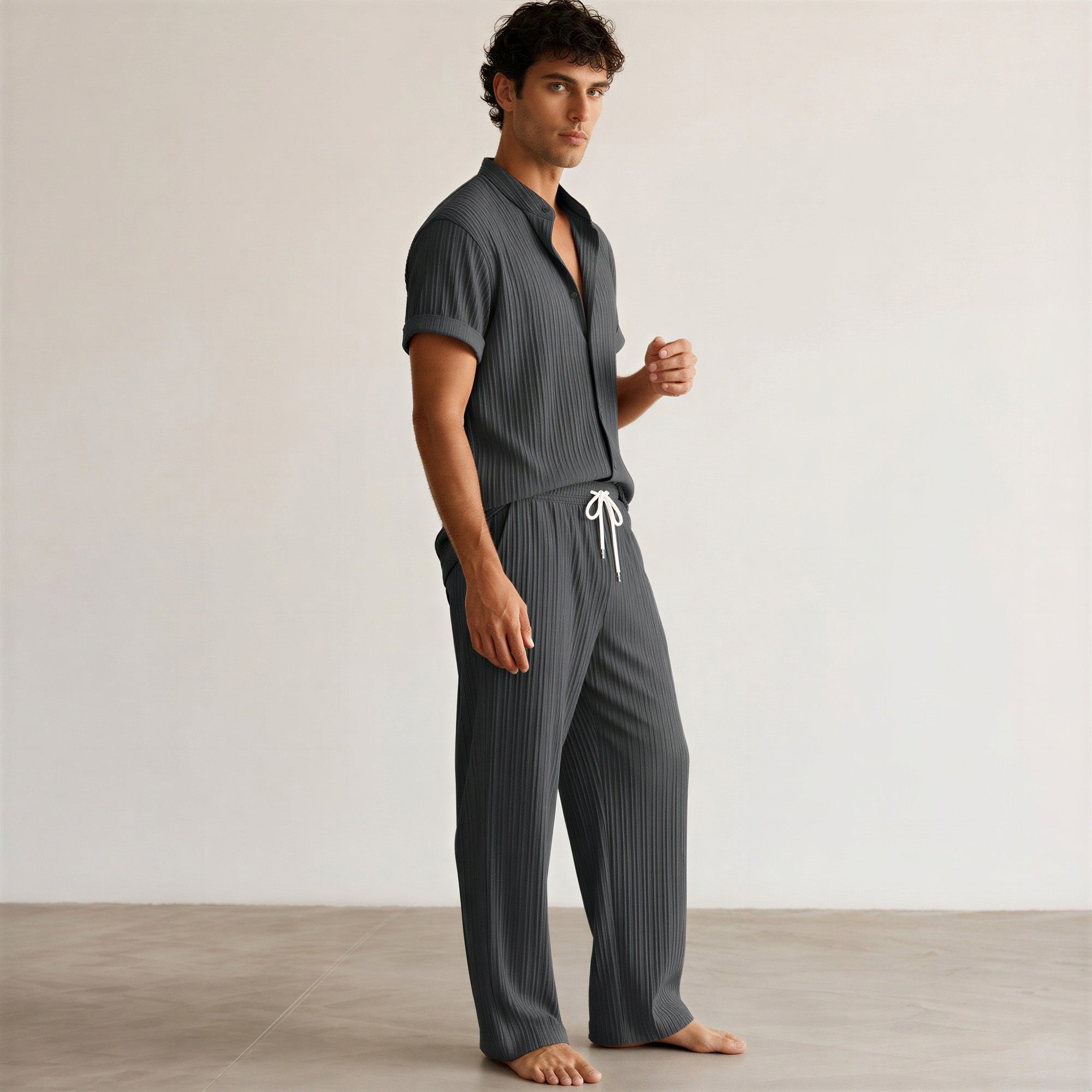Men's Pleated Short-Sleeve Shirt and Drawstring Trousers Set-Azzella London