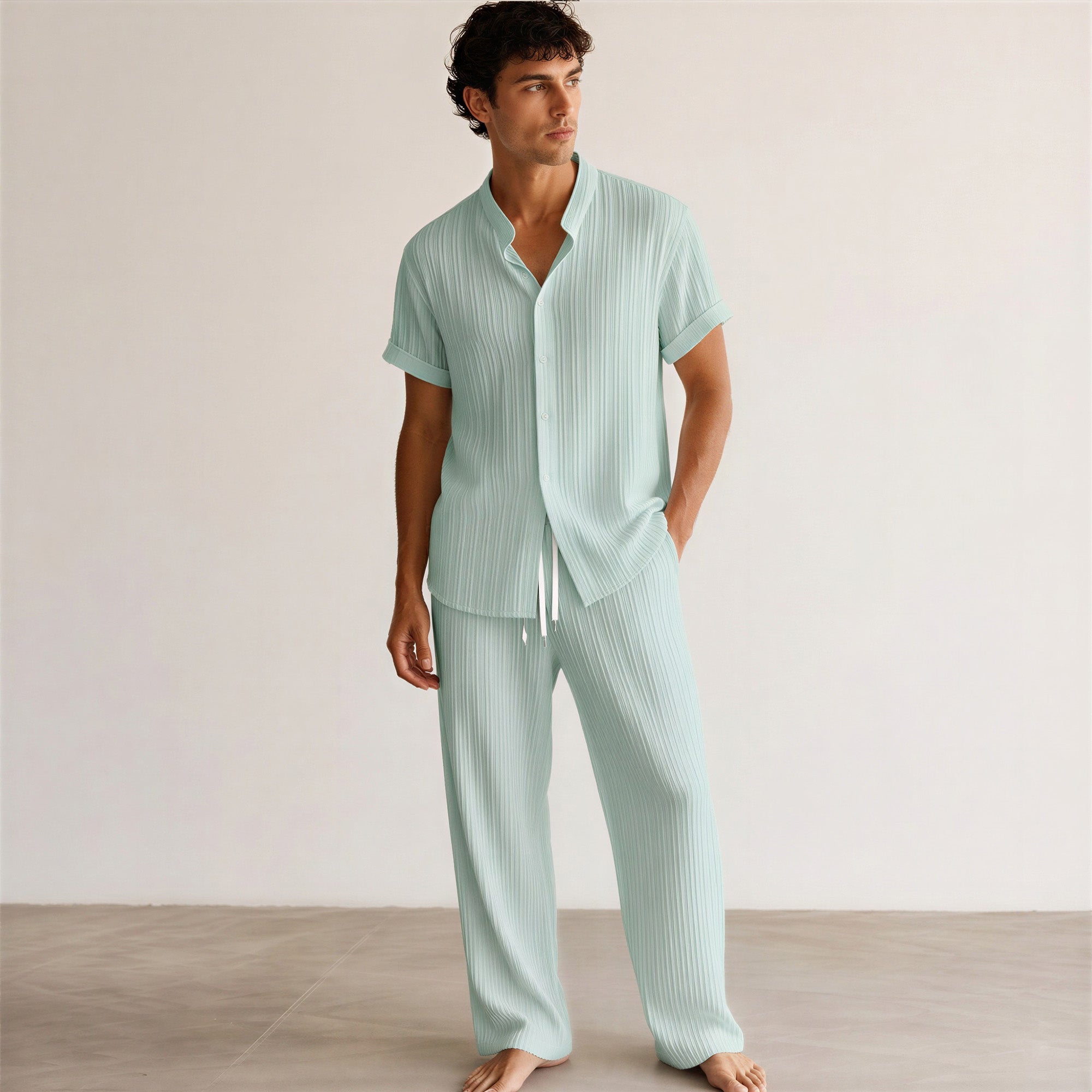 Men's Pleated Short-Sleeve Shirt and Drawstring Trousers Set-Azzella London