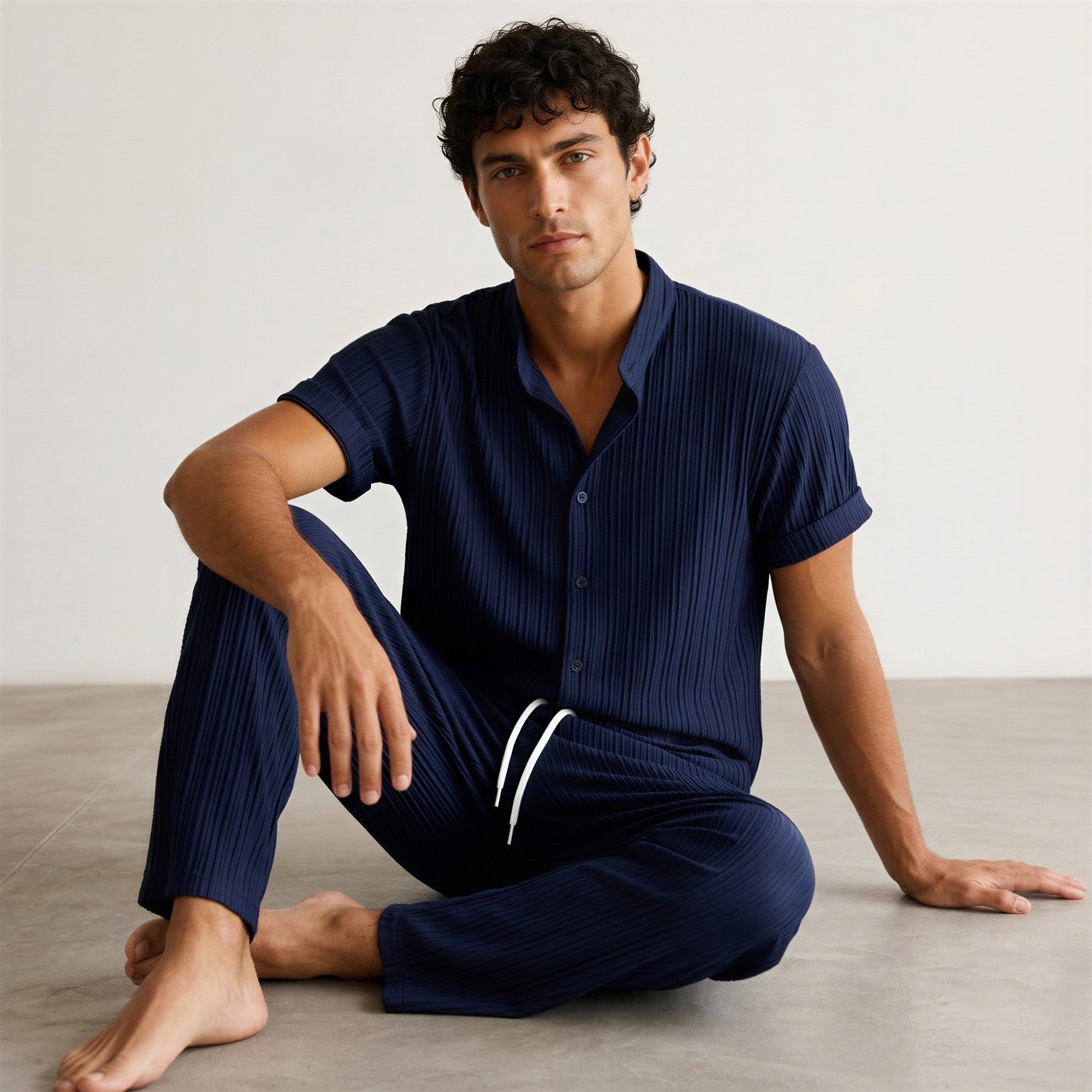 Men's Pleated Short-Sleeve Shirt and Drawstring Trousers Set-Azzella London