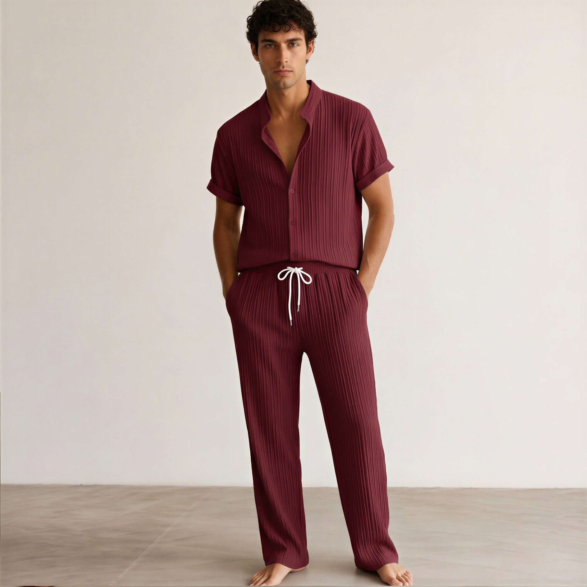 Men's Pleated Short-Sleeve Shirt and Drawstring Trousers Set-Azzella London