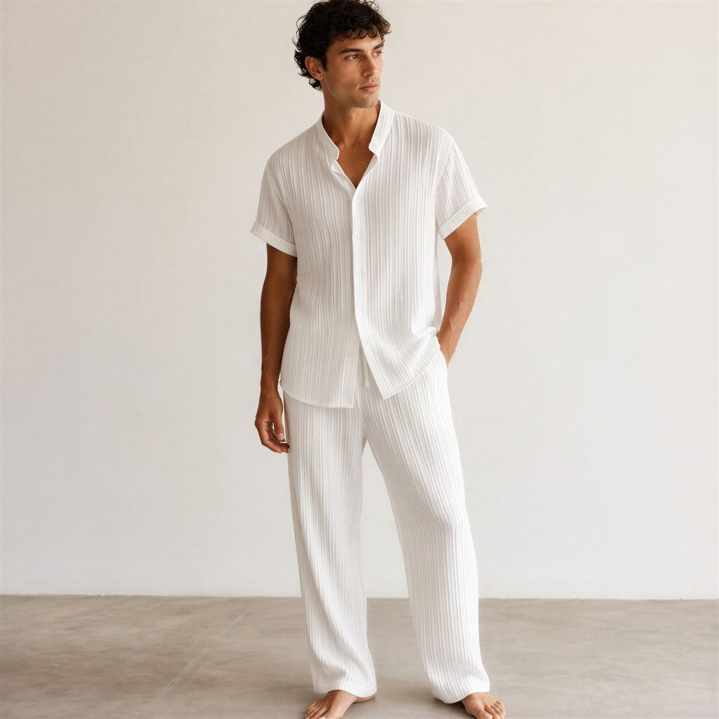 Men's Pleated Short-Sleeve Shirt and Drawstring Trousers Set-Azzella London