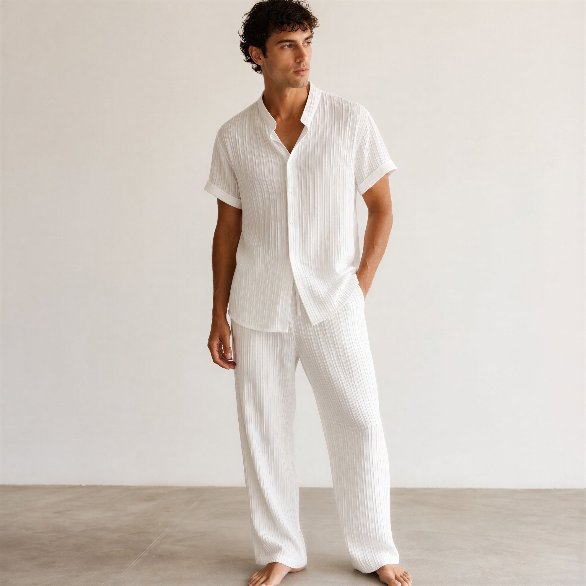 Men's Pleated Short-Sleeve Shirt and Drawstring Trousers Set-Azzella London