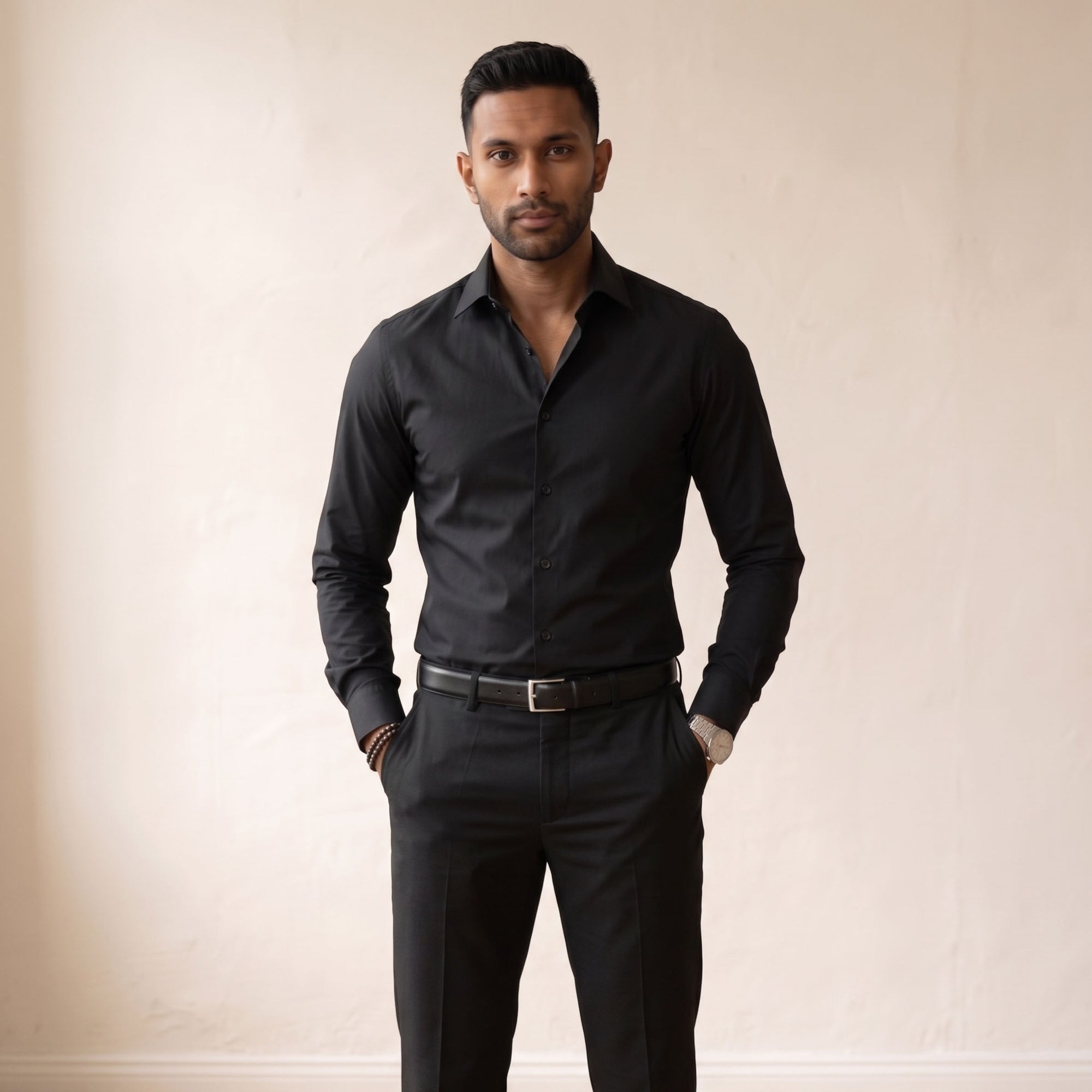 Men's Regular Fit Long-Sleeve Shirt - Notched Collar-Azzella London