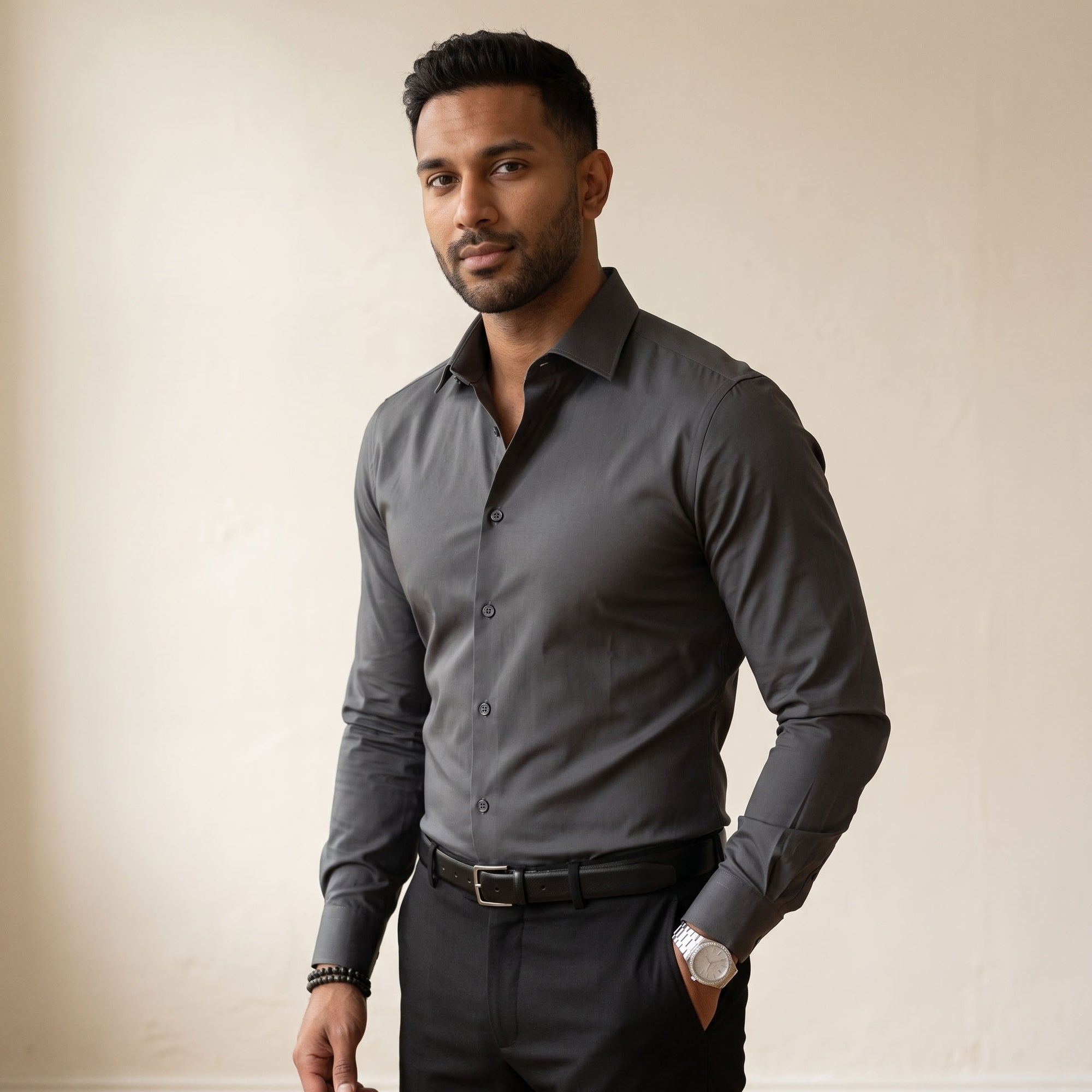Men's Regular Fit Long-Sleeve Shirt - Notched Collar-Azzella London