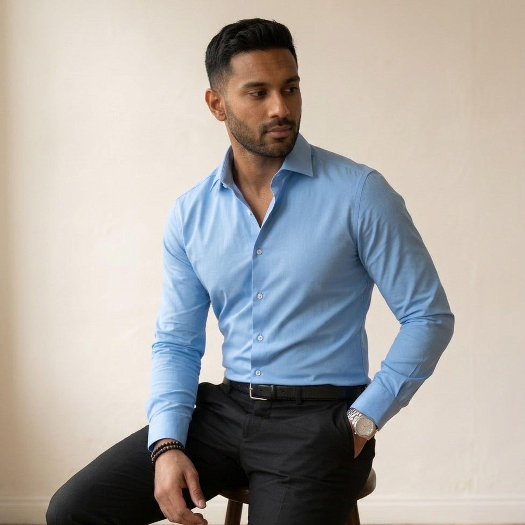 Men's Regular Fit Long-Sleeve Shirt - Notched Collar-Azzella London