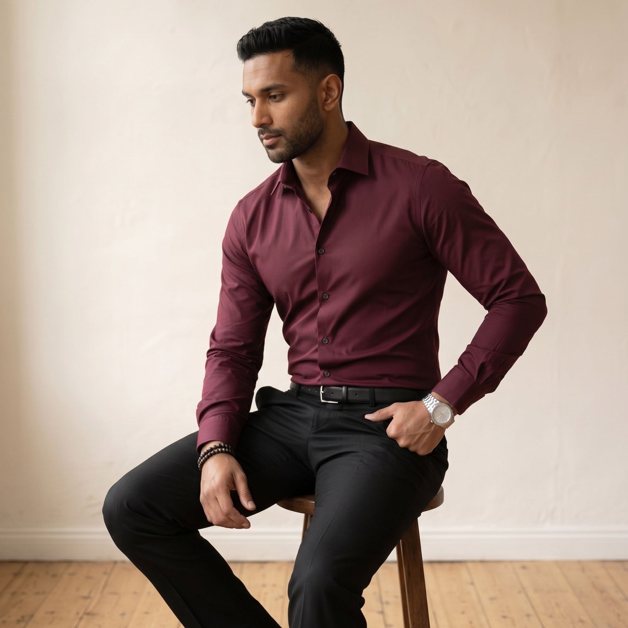 Men's Regular Fit Long-Sleeve Shirt - Notched Collar-Azzella London