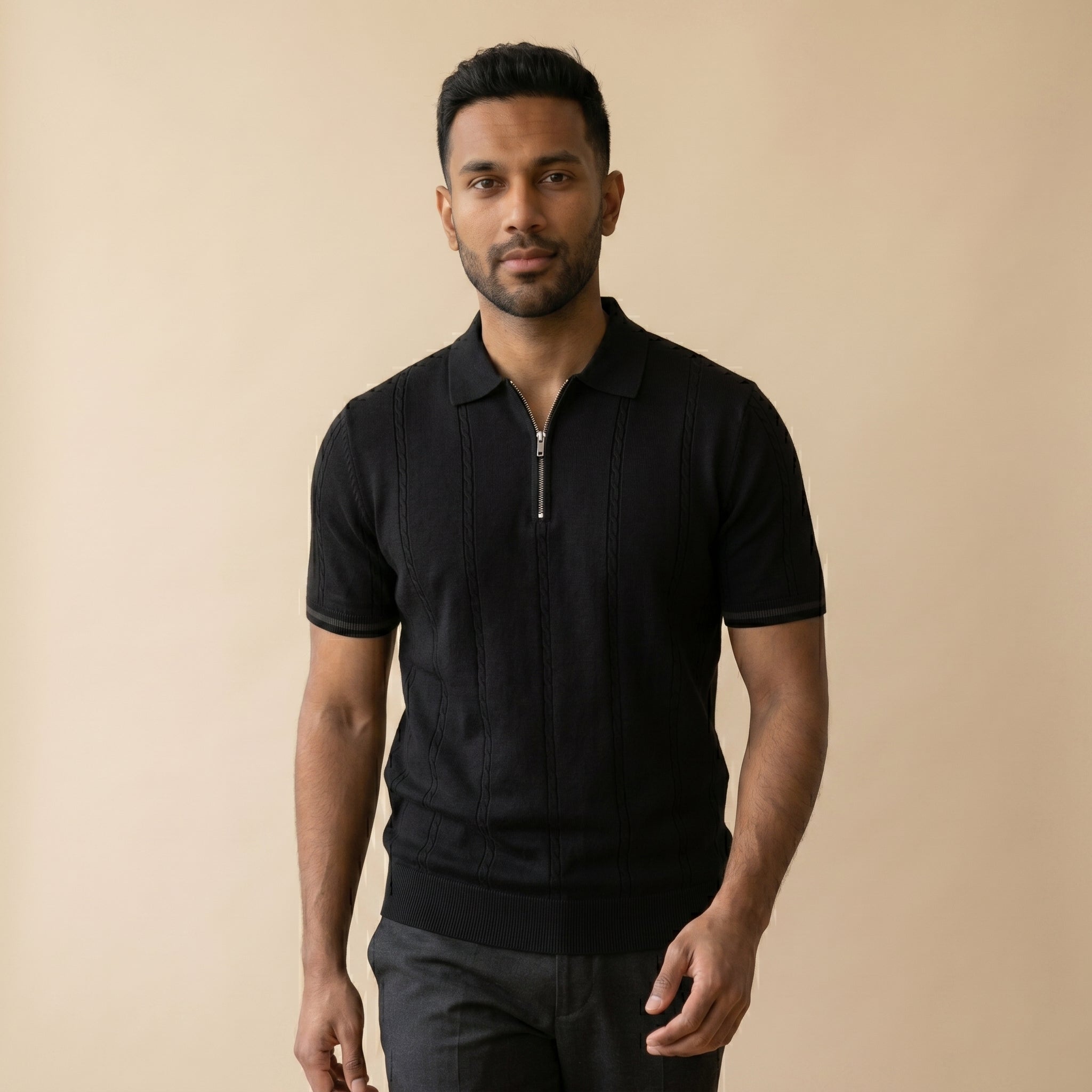 Men’s Ribbed Knit Quarter Zip Polo Shirt-Azzella London