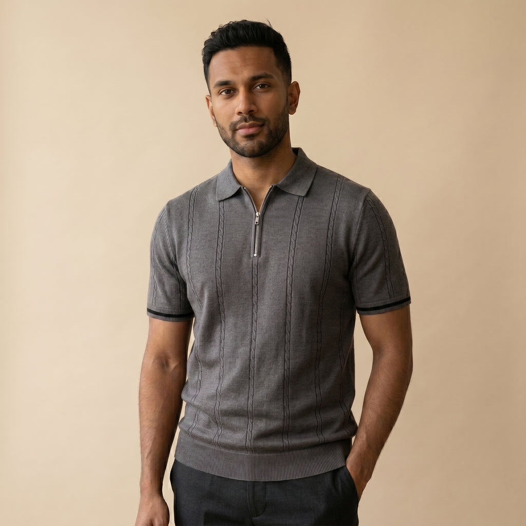 Men’s Ribbed Knit Quarter Zip Polo Shirt-Azzella London