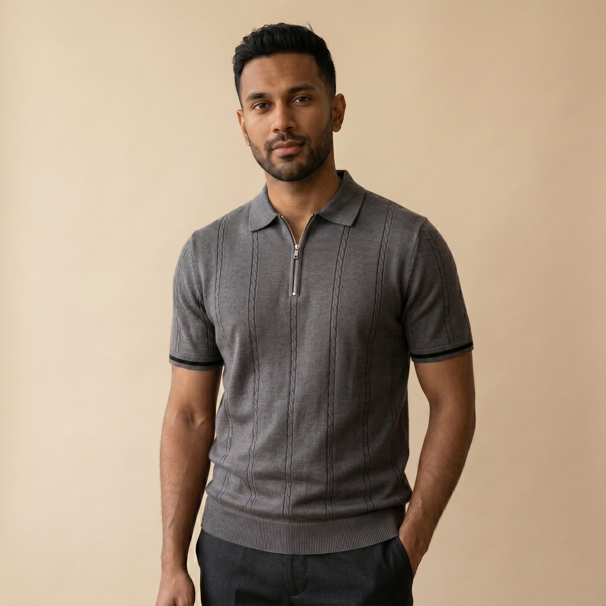 Men’s Ribbed Knit Quarter Zip Polo Shirt-Azzella London