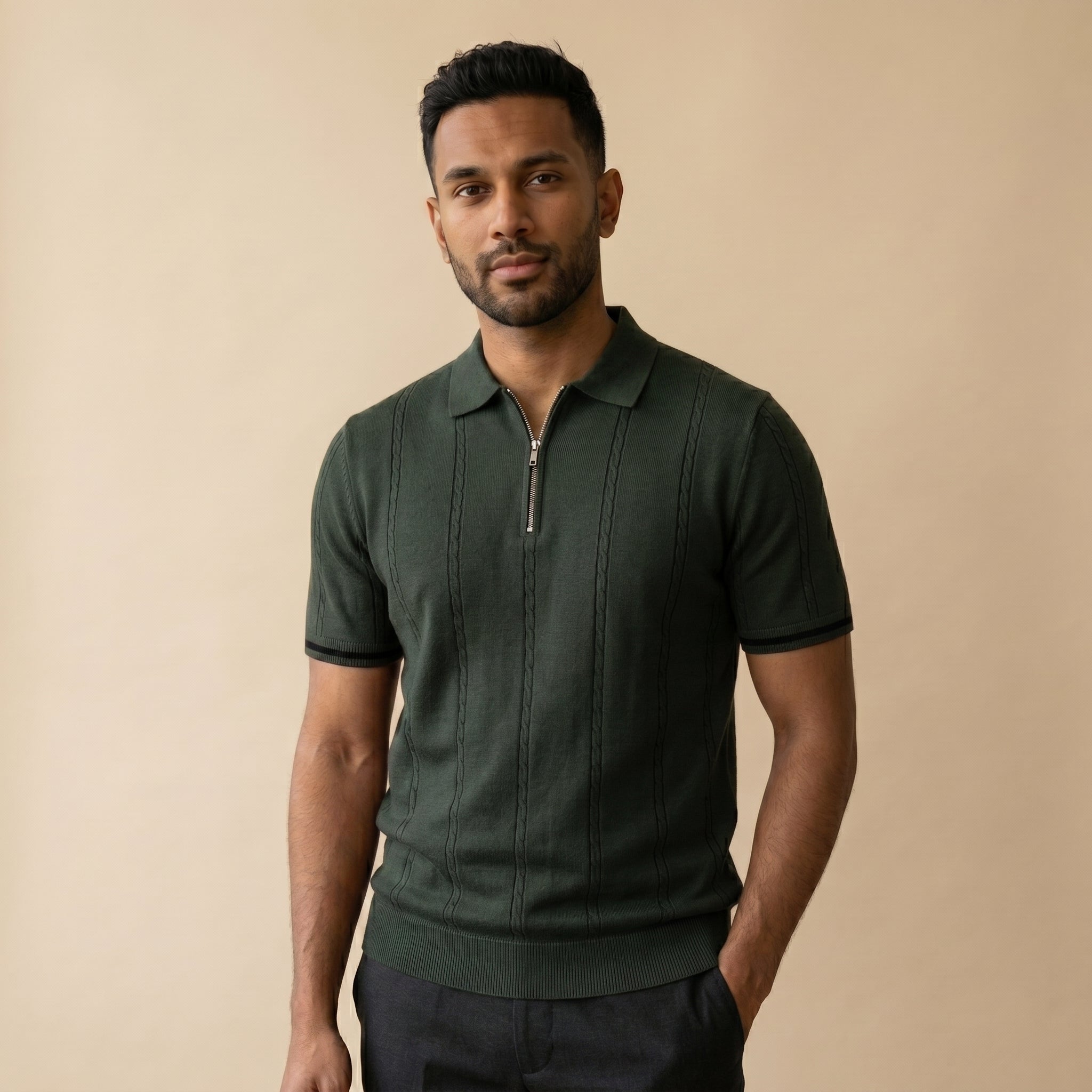 Men’s Ribbed Knit Quarter Zip Polo Shirt-Azzella London