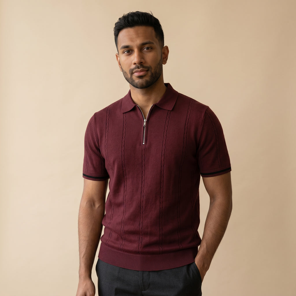 Men’s Ribbed Knit Quarter Zip Polo Shirt-Azzella London