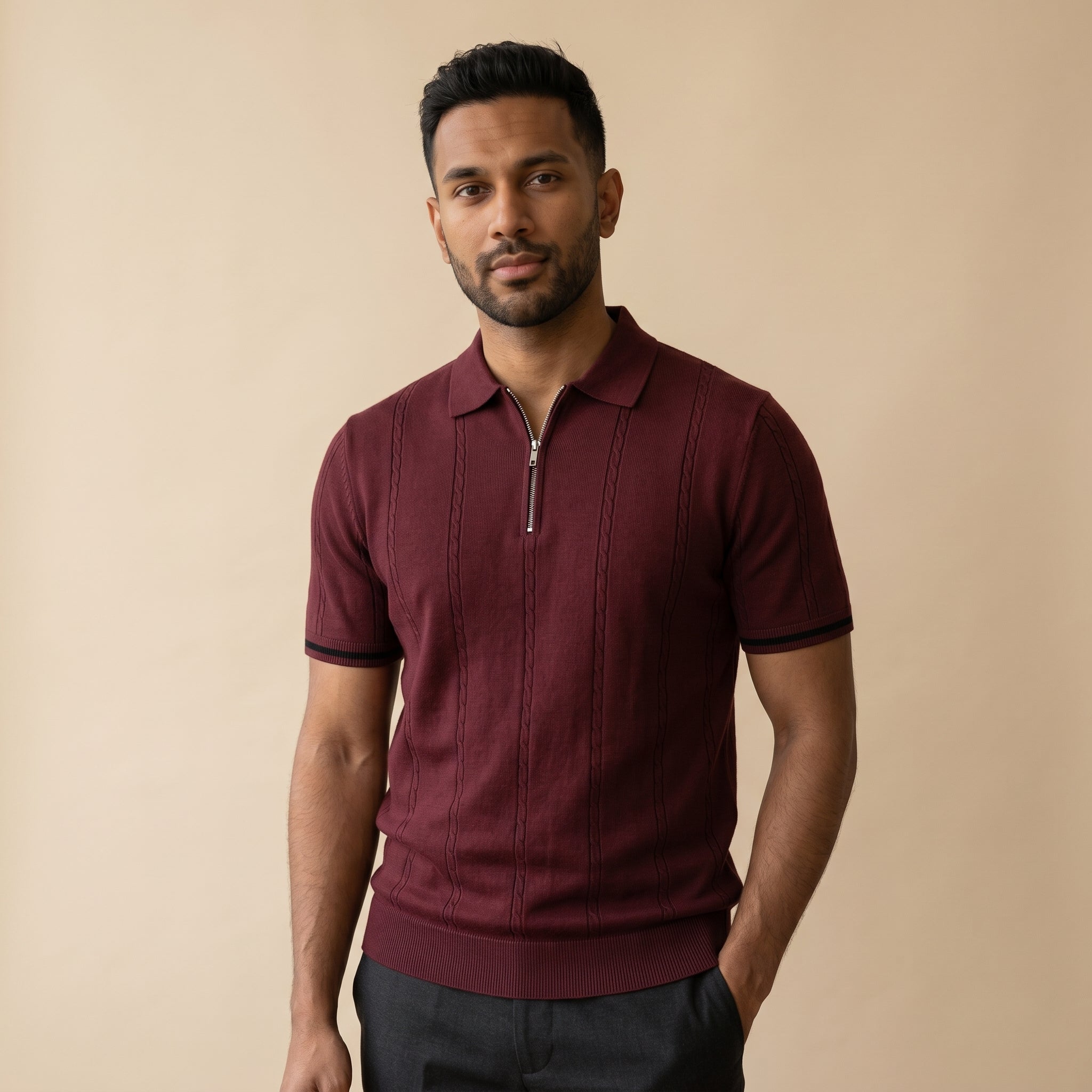 Men’s Ribbed Knit Quarter Zip Polo Shirt-Azzella London