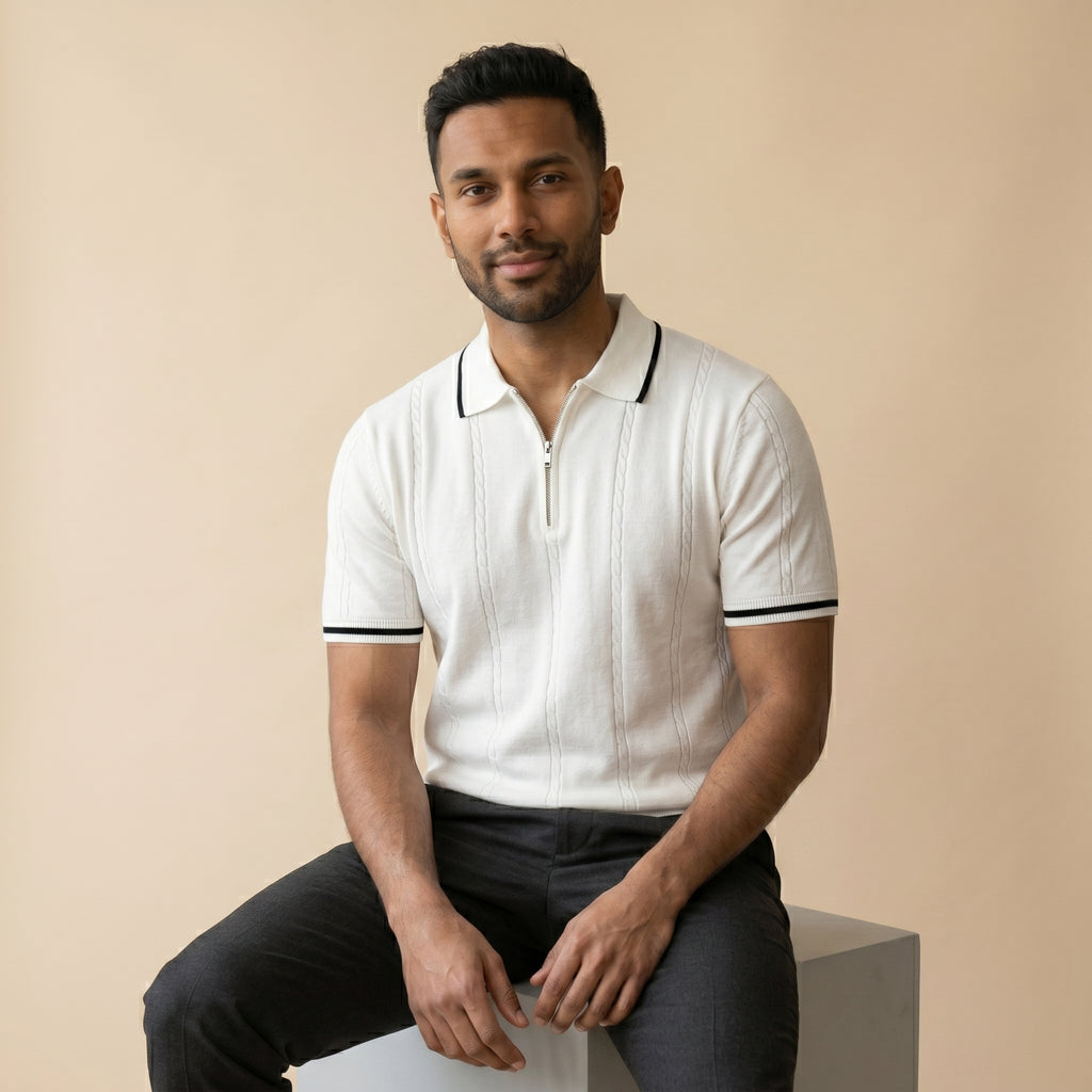 Men’s Ribbed Knit Quarter Zip Polo Shirt-Azzella London
