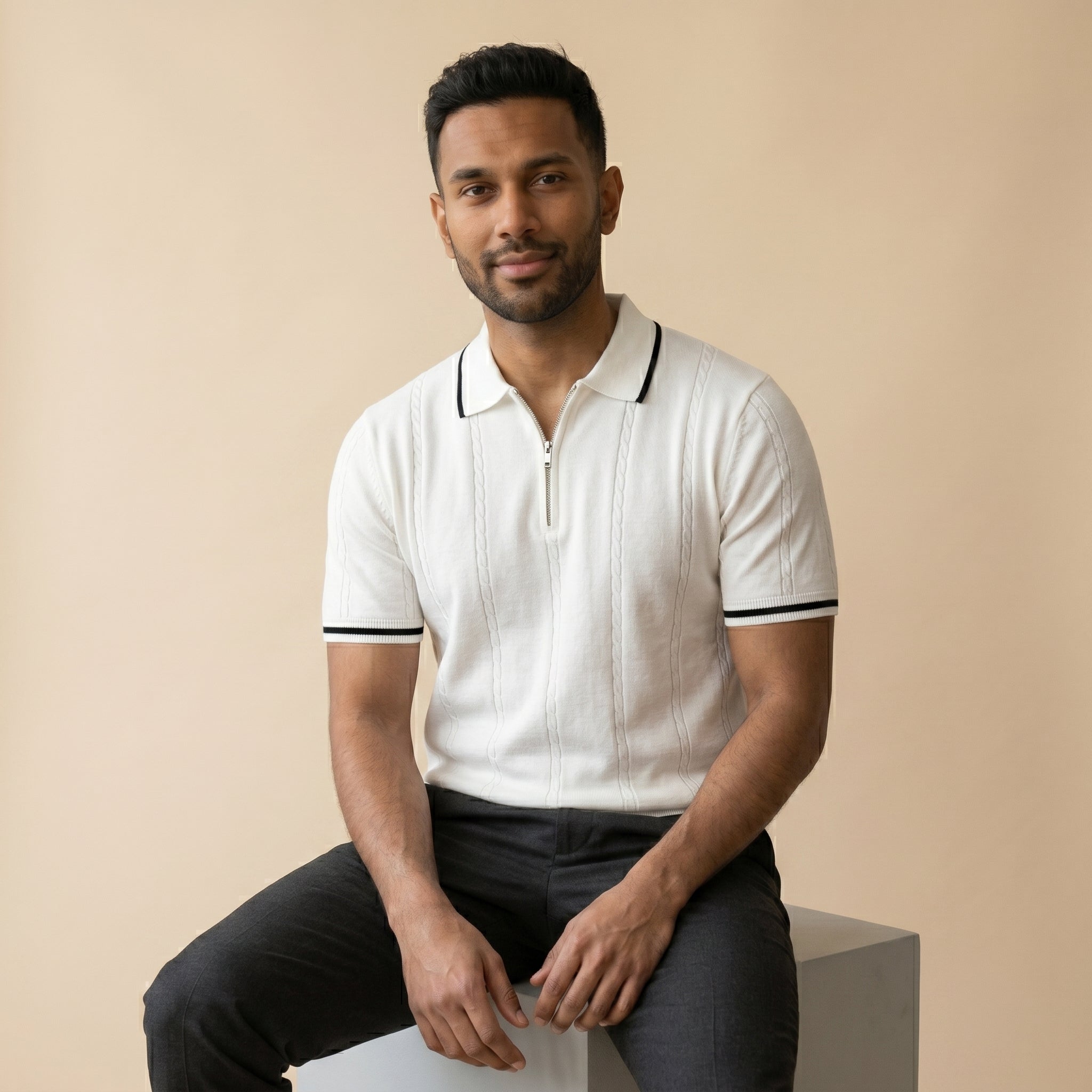 Men’s Ribbed Knit Quarter Zip Polo Shirt-Azzella London
