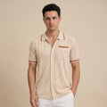 Men's Short-Sleeve Camp-Collar Knit Shirt with Openwork Pattern-Azzella London