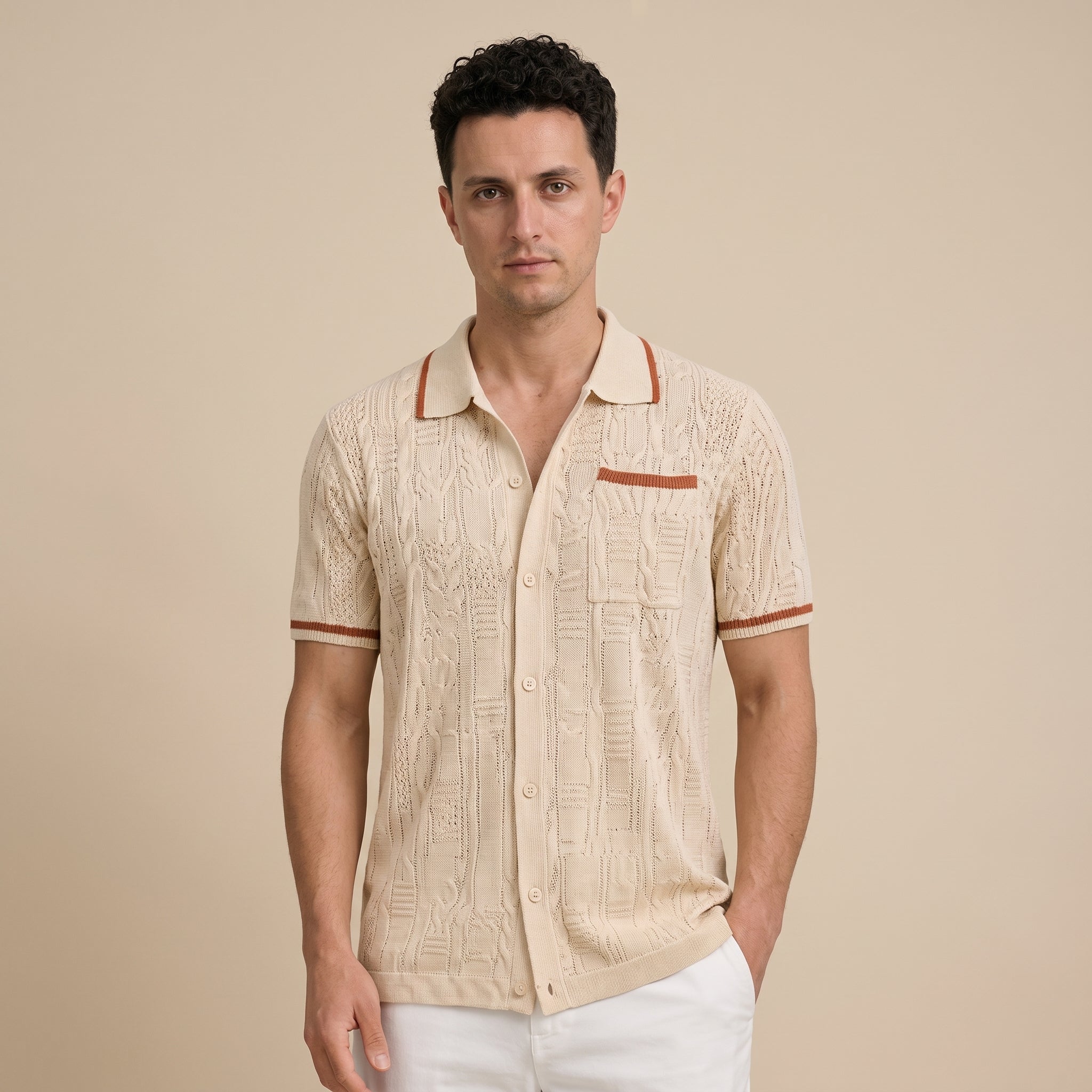 Men's Short-Sleeve Camp-Collar Knit Shirt with Openwork Pattern-Azzella London