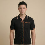 Men's Short-Sleeve Camp-Collar Knit Shirt with Openwork Pattern-Azzella London