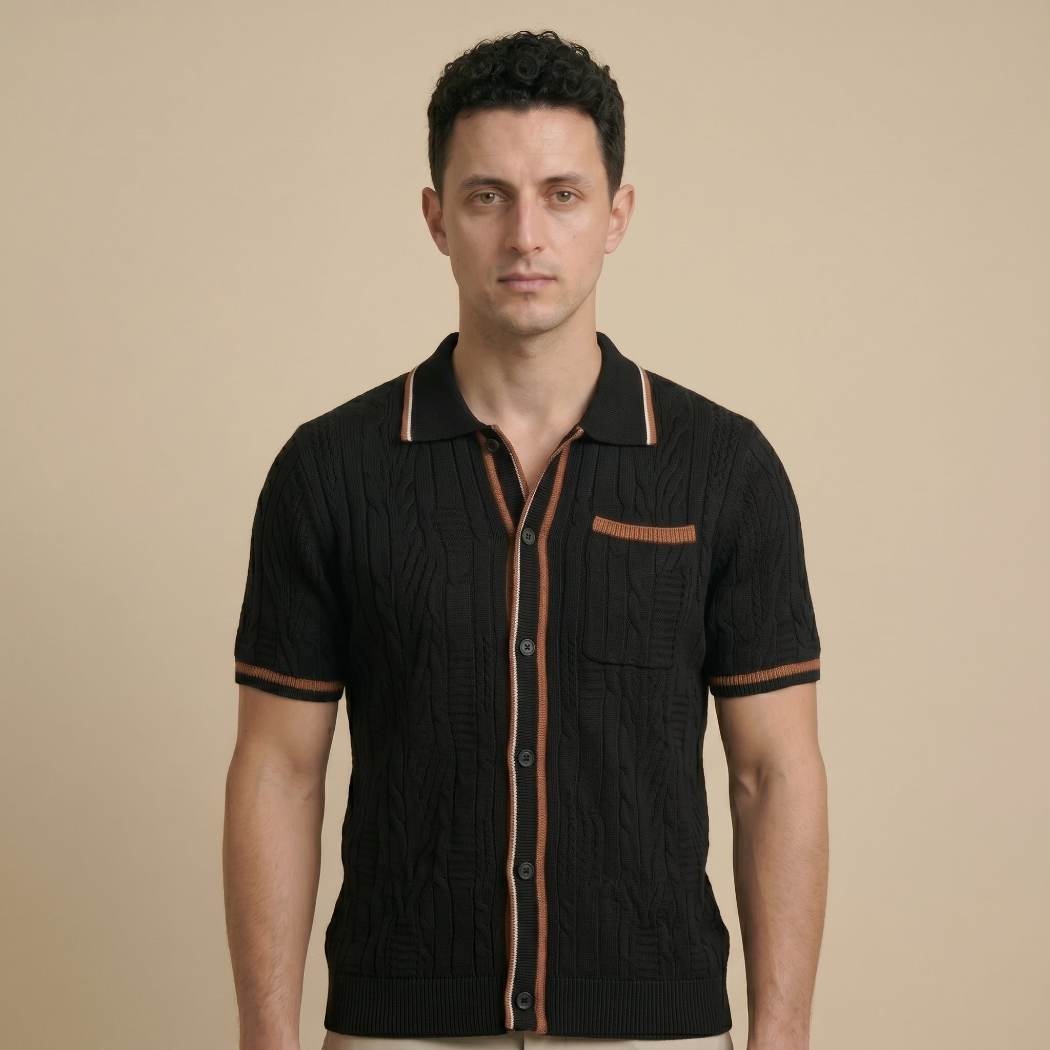 Men's Short-Sleeve Camp-Collar Knit Shirt with Openwork Pattern-Azzella London