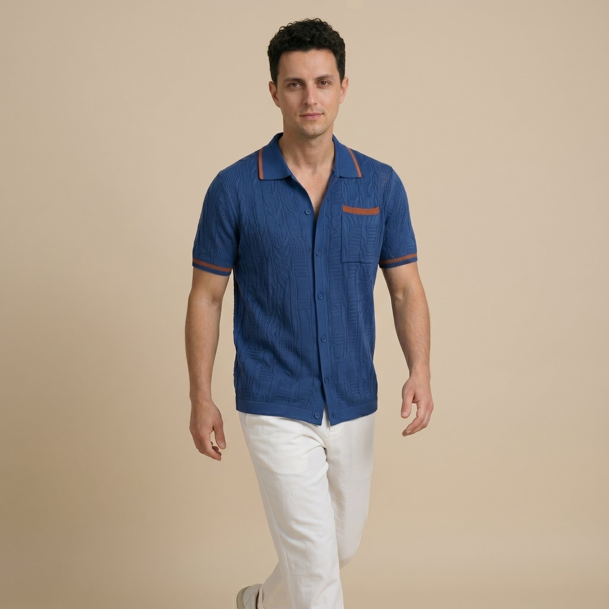 Men's Short-Sleeve Camp-Collar Knit Shirt with Openwork Pattern-Azzella London