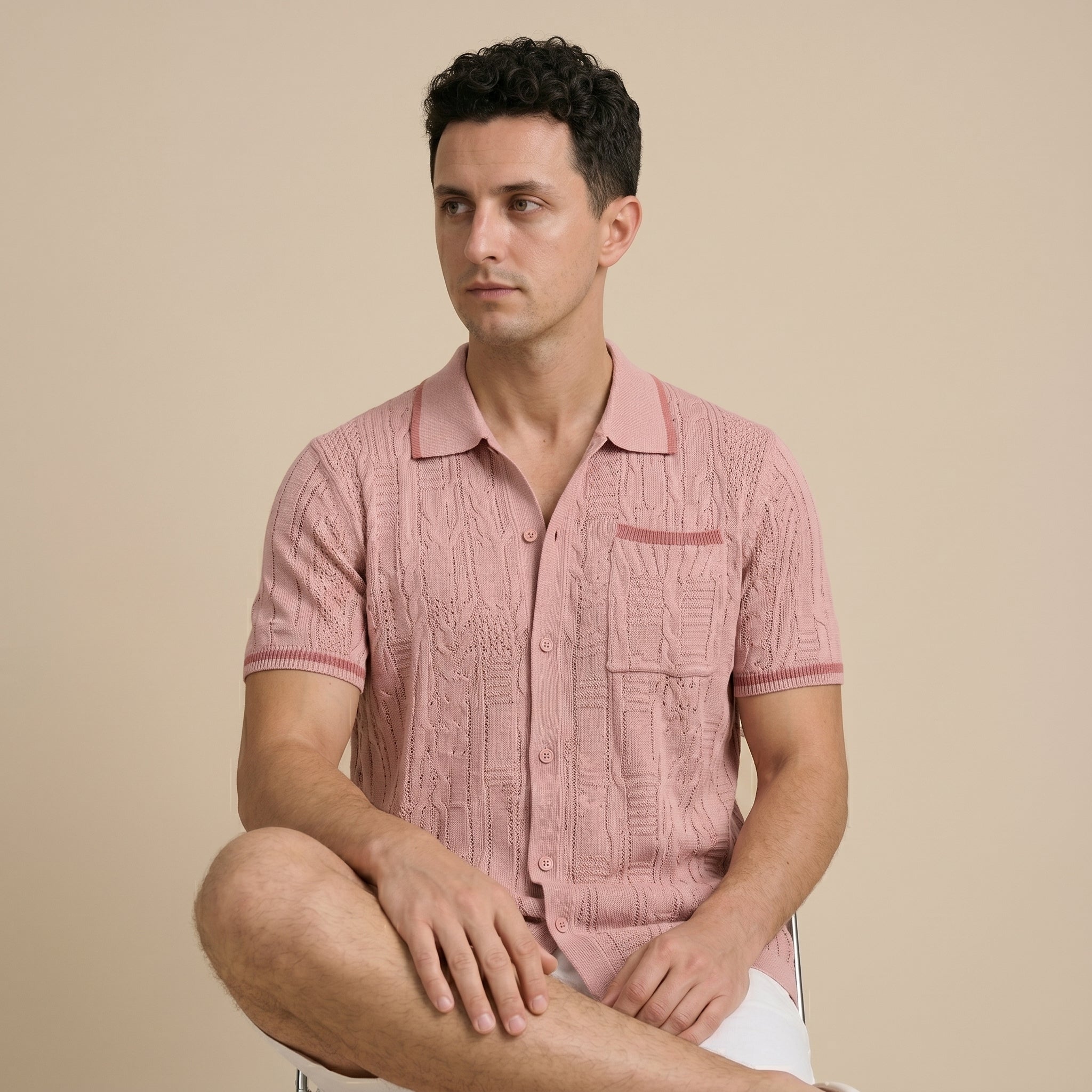Men's Short-Sleeve Camp-Collar Knit Shirt with Openwork Pattern-Azzella London