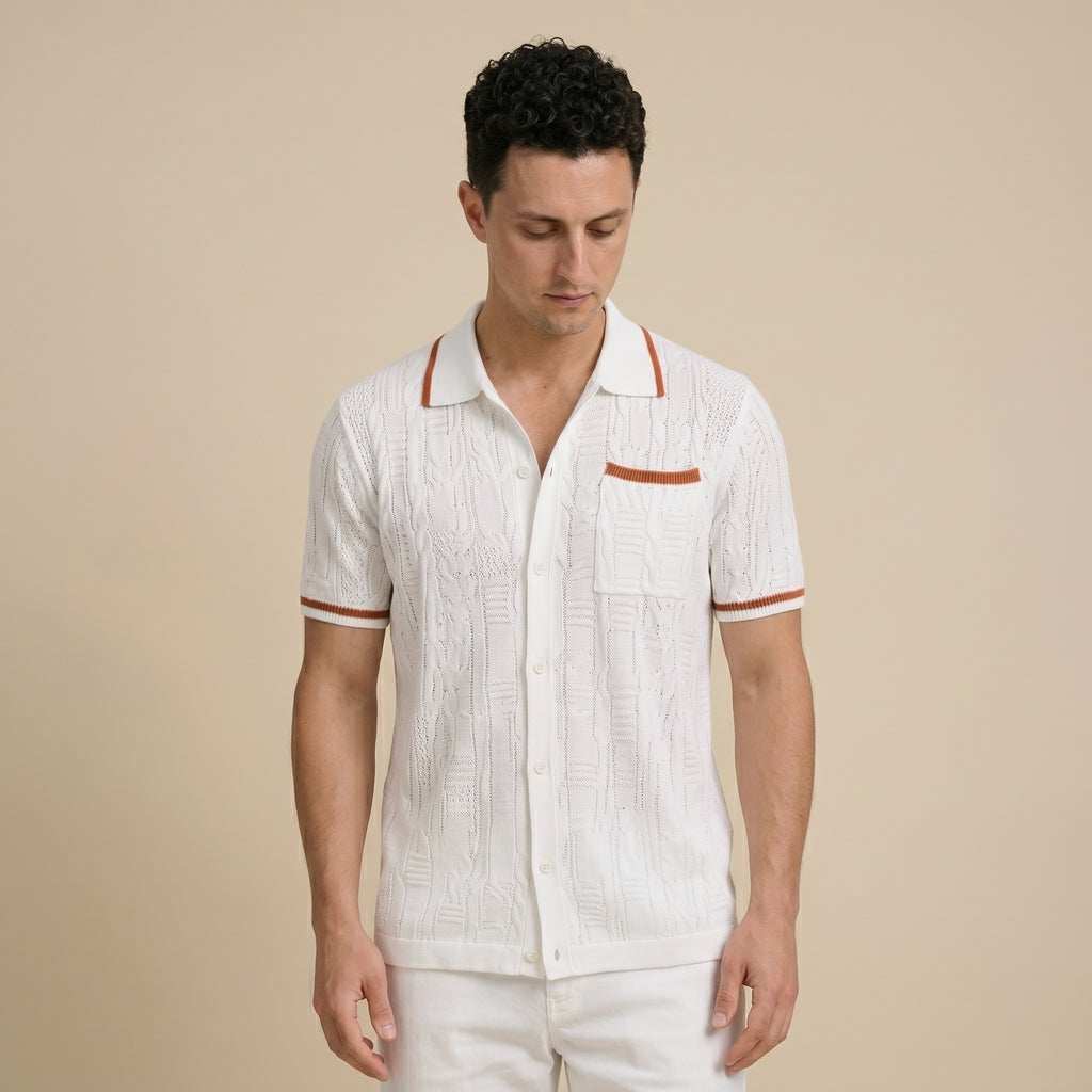 Men's Short-Sleeve Camp-Collar Knit Shirt with Openwork Pattern-Azzella London