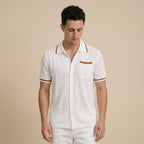 Men's Short-Sleeve Camp-Collar Knit Shirt with Openwork Pattern-Azzella London