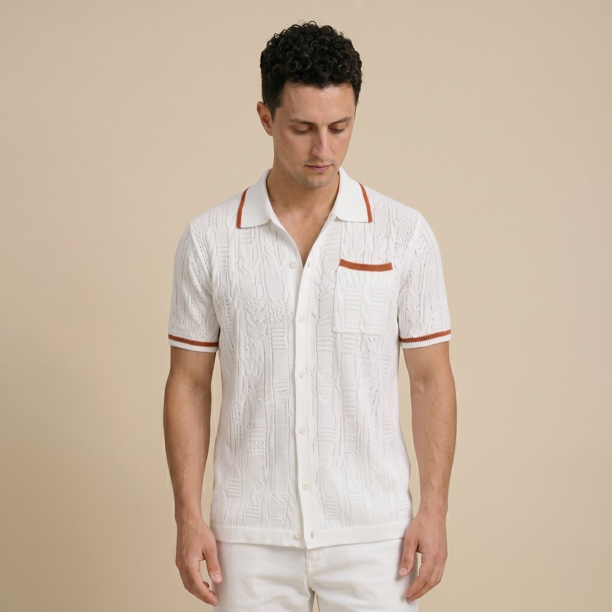 Men's Short-Sleeve Camp-Collar Knit Shirt with Openwork Pattern-Azzella London