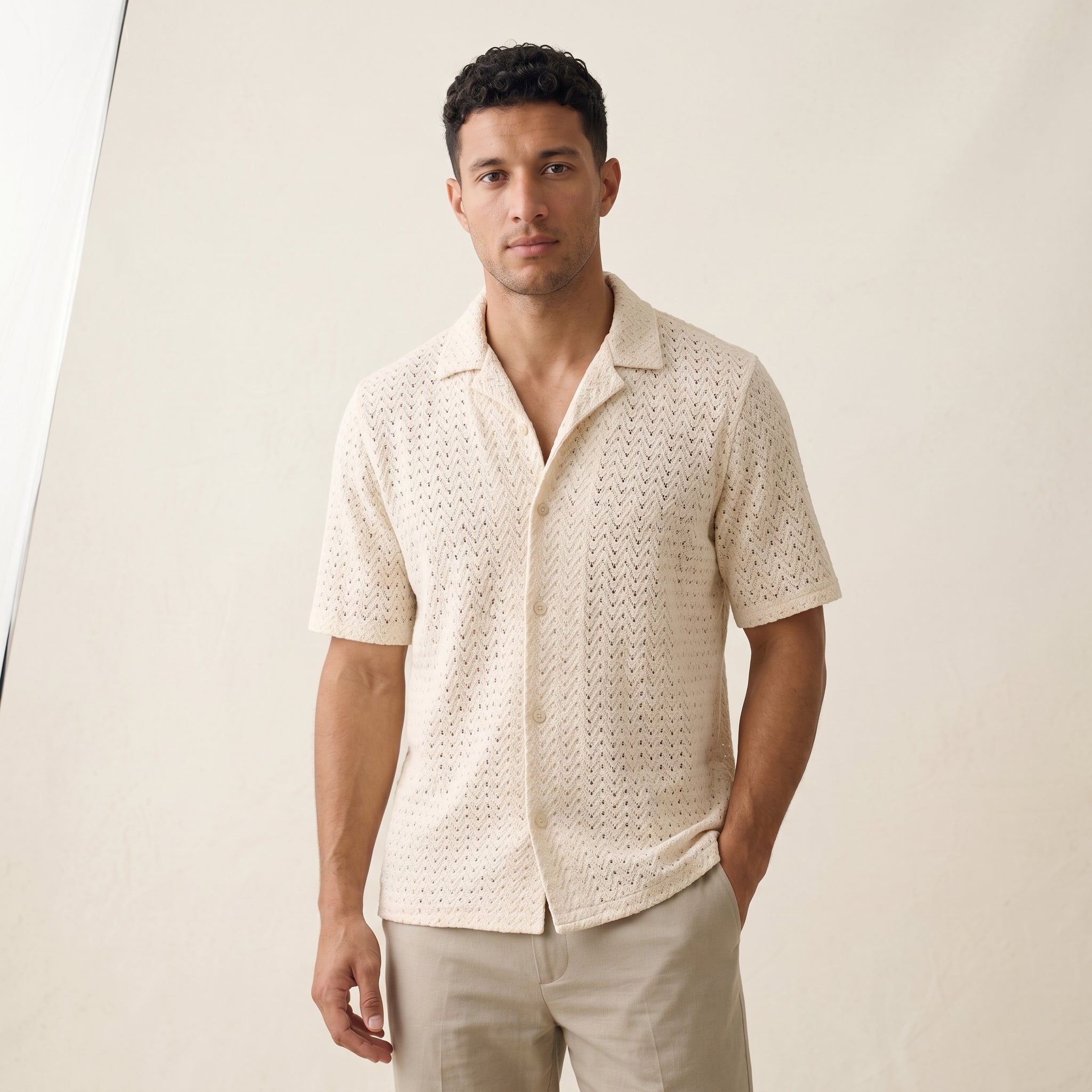 Men's Short-Sleeve Open-Collar Textured Shirt-Azzella London