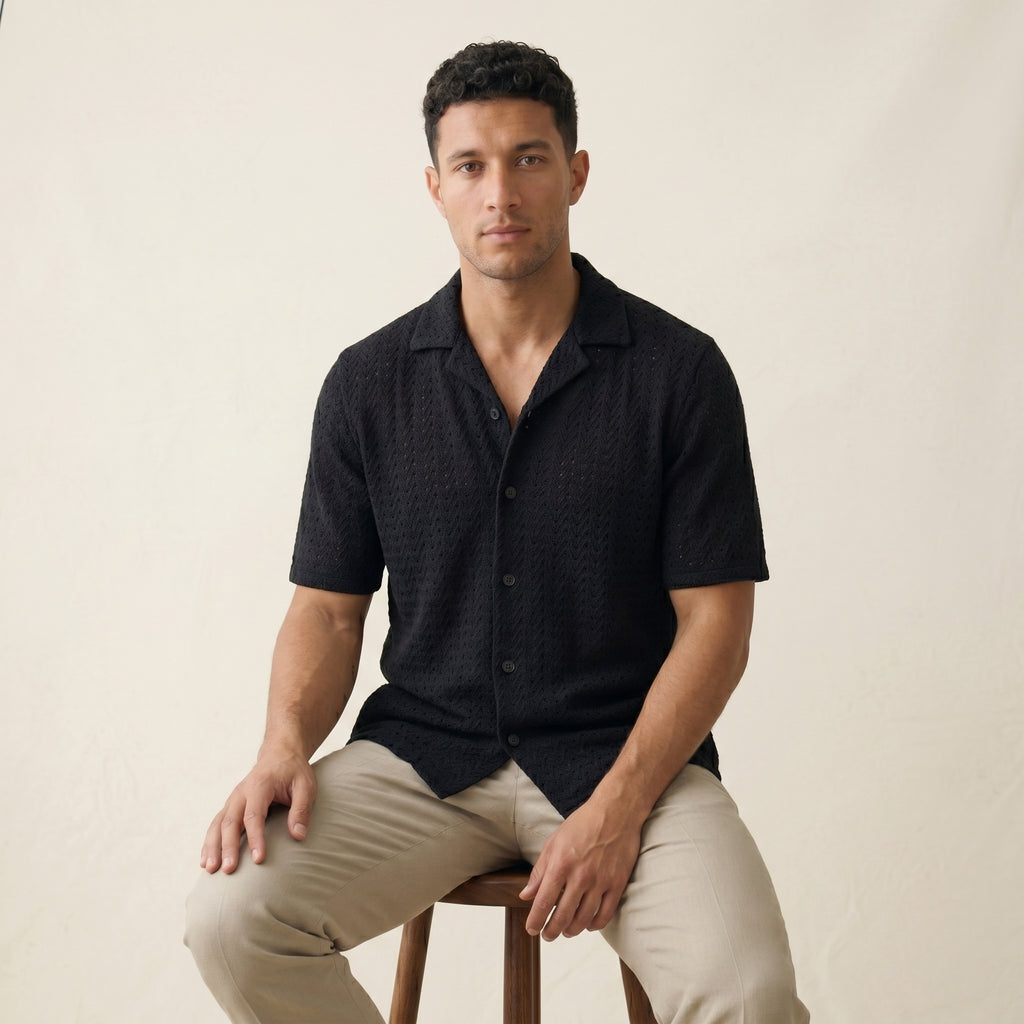 Men's Short-Sleeve Open-Collar Textured Shirt-Azzella London