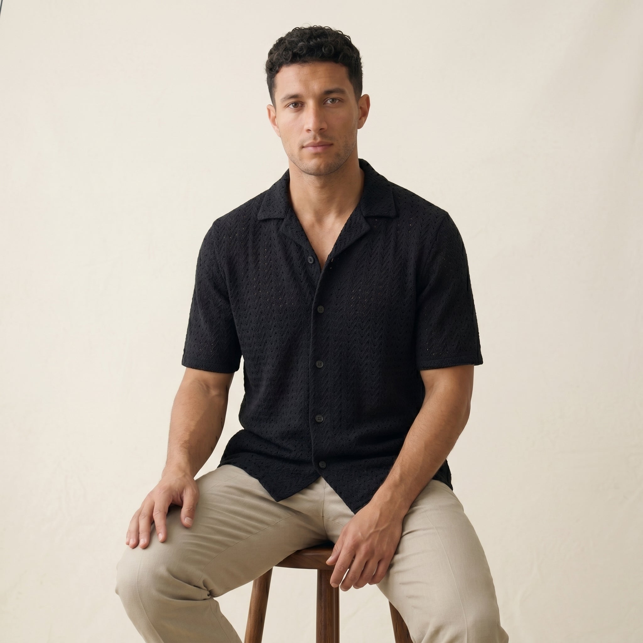 Men's Short-Sleeve Open-Collar Textured Shirt-Azzella London