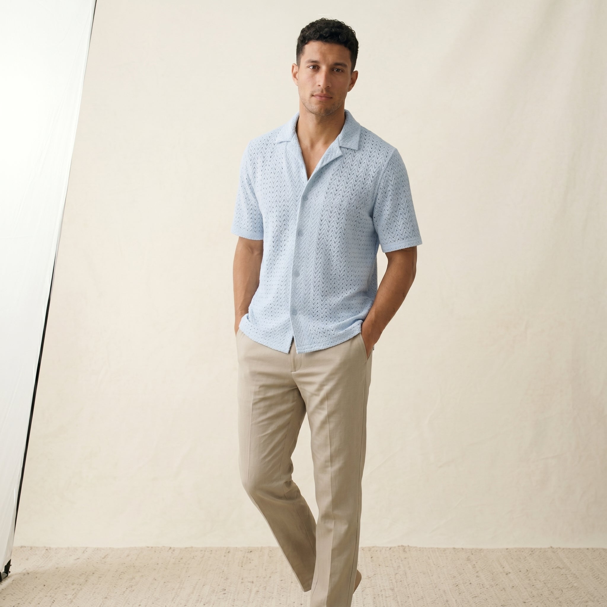 Men's Short-Sleeve Open-Collar Textured Shirt-Azzella London