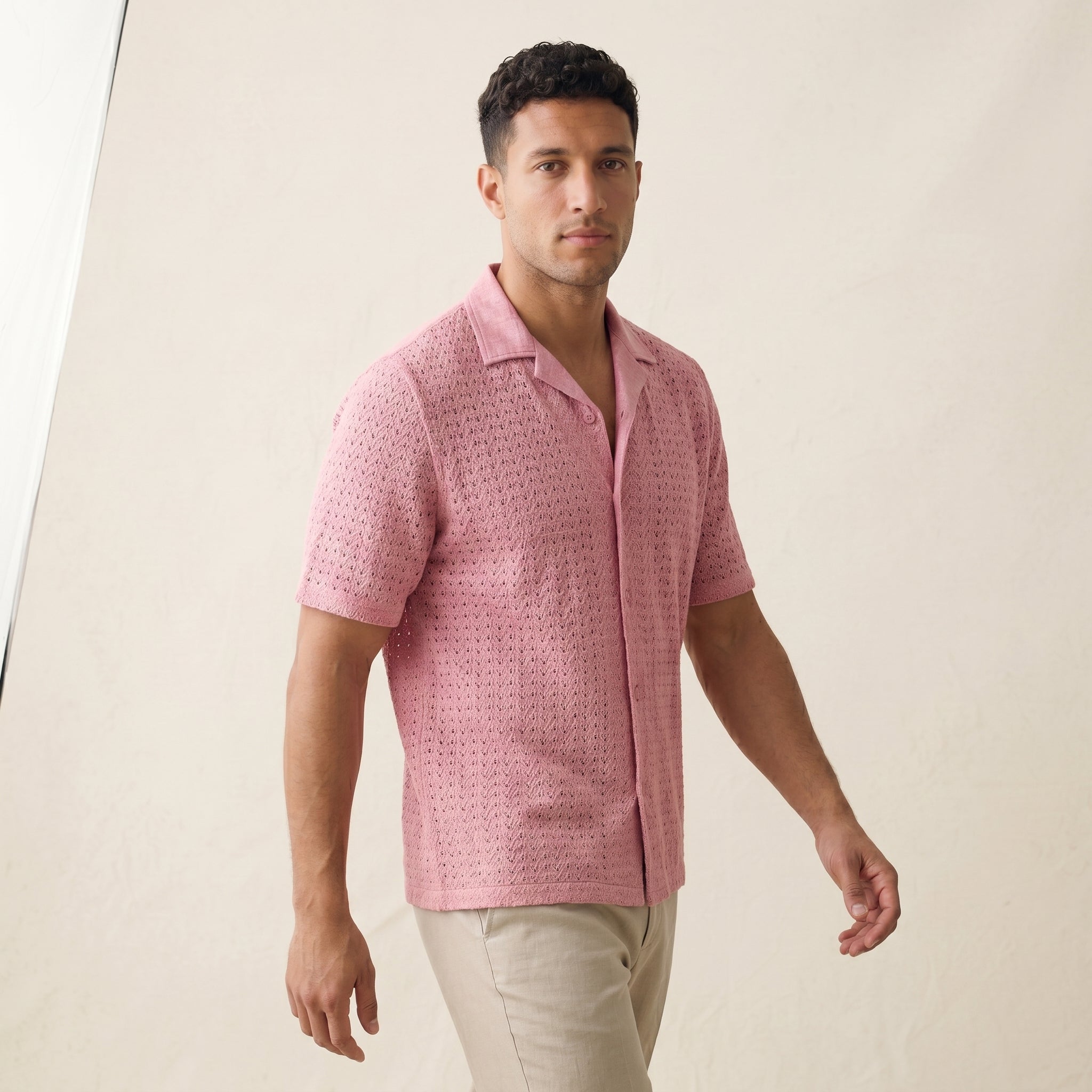 Men's Short-Sleeve Open-Collar Textured Shirt-Azzella London