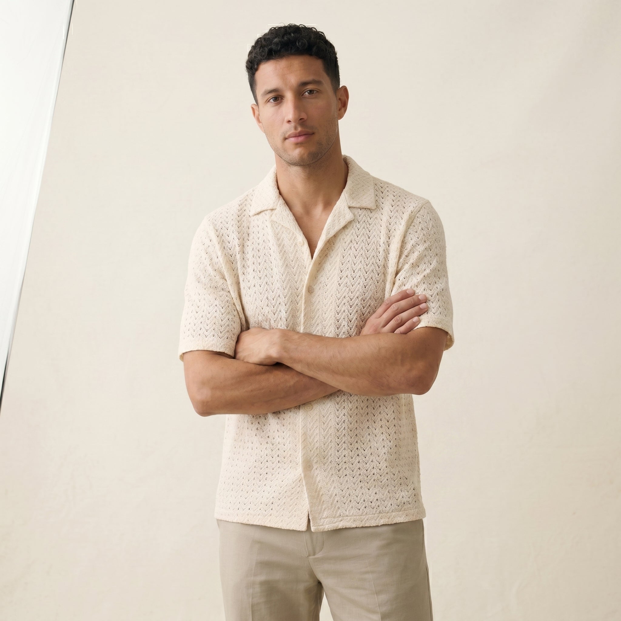 Men's Short-Sleeve Open-Collar Textured Shirt-Azzella London