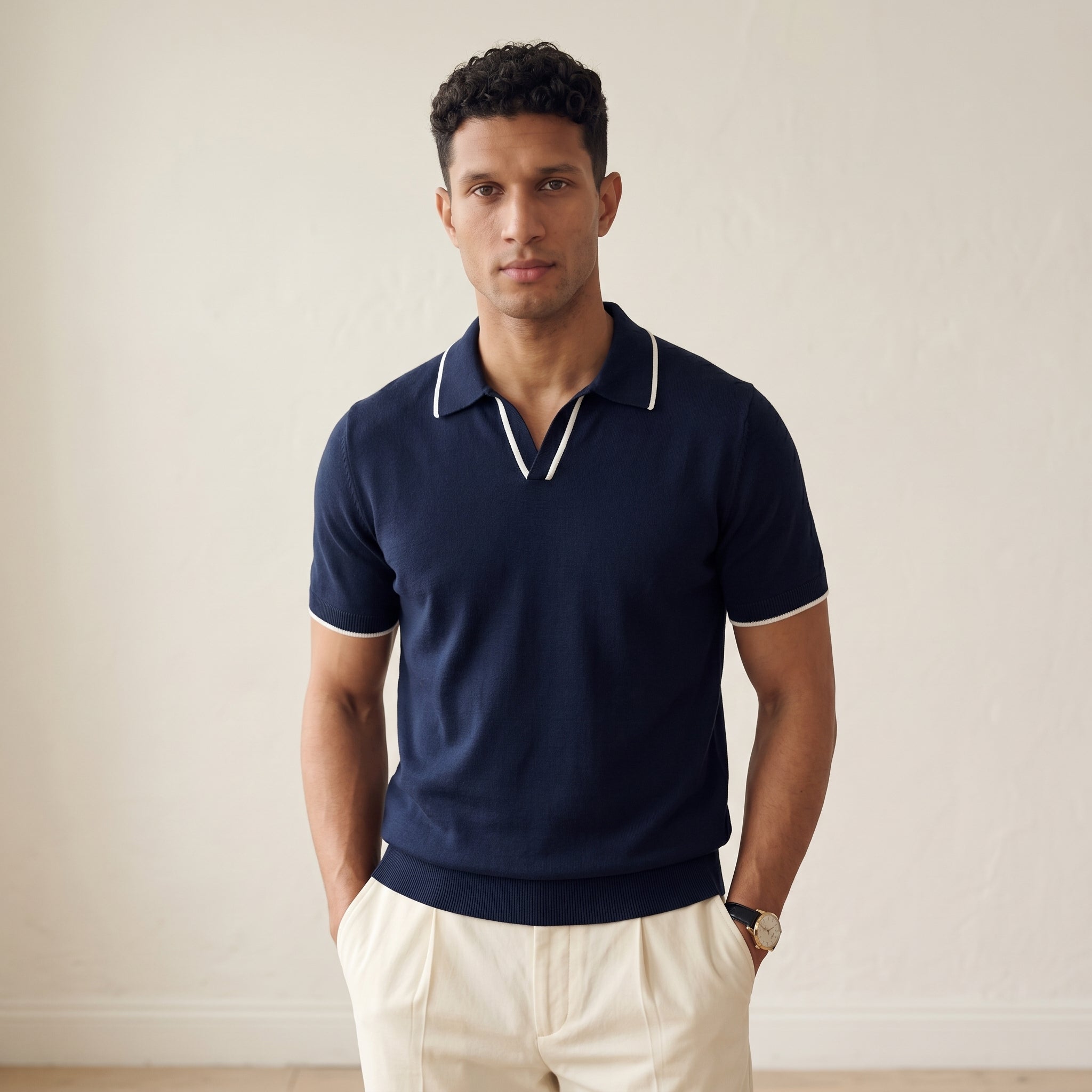Men's Slim-Fit Knit Polo Shirt with Contrast Trim-Azzella London